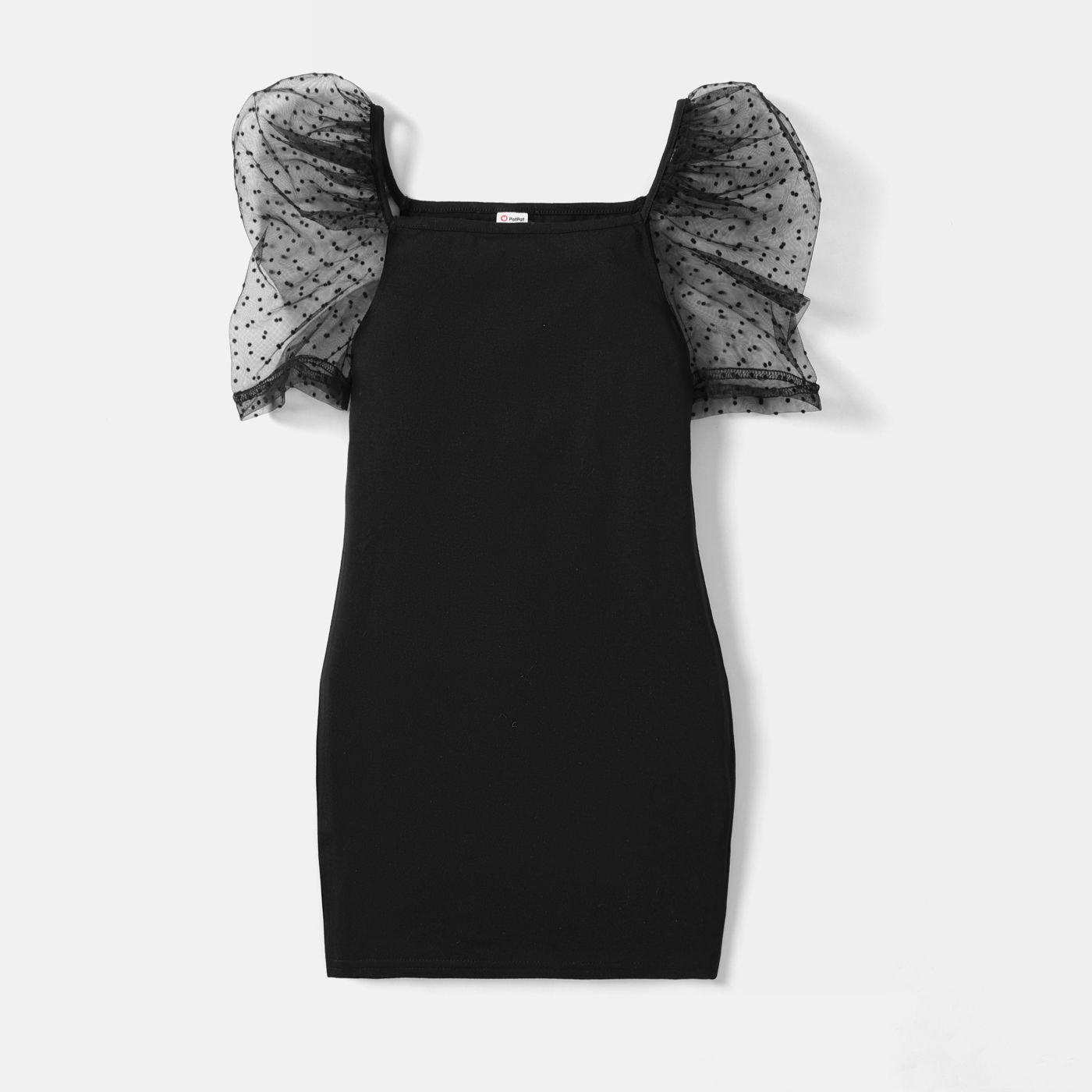 

Kid Girl Polka dots Mesh Puff-sleeve Black Dress