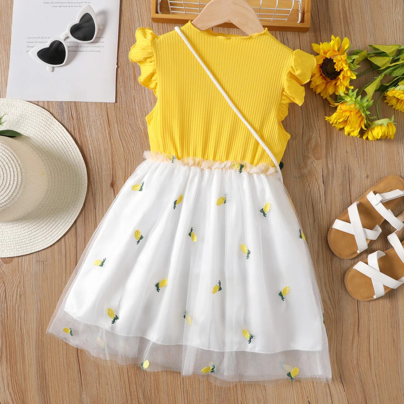 2pcs Kid Girl Pineapple/Strawberry Print Combo Mesh Fairy Dress with Sling Bag Yellow big image 1