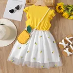 2pcs Kid Girl Pineapple/Strawberry Print Combo Mesh Fairy Dress with Sling Bag Yellow