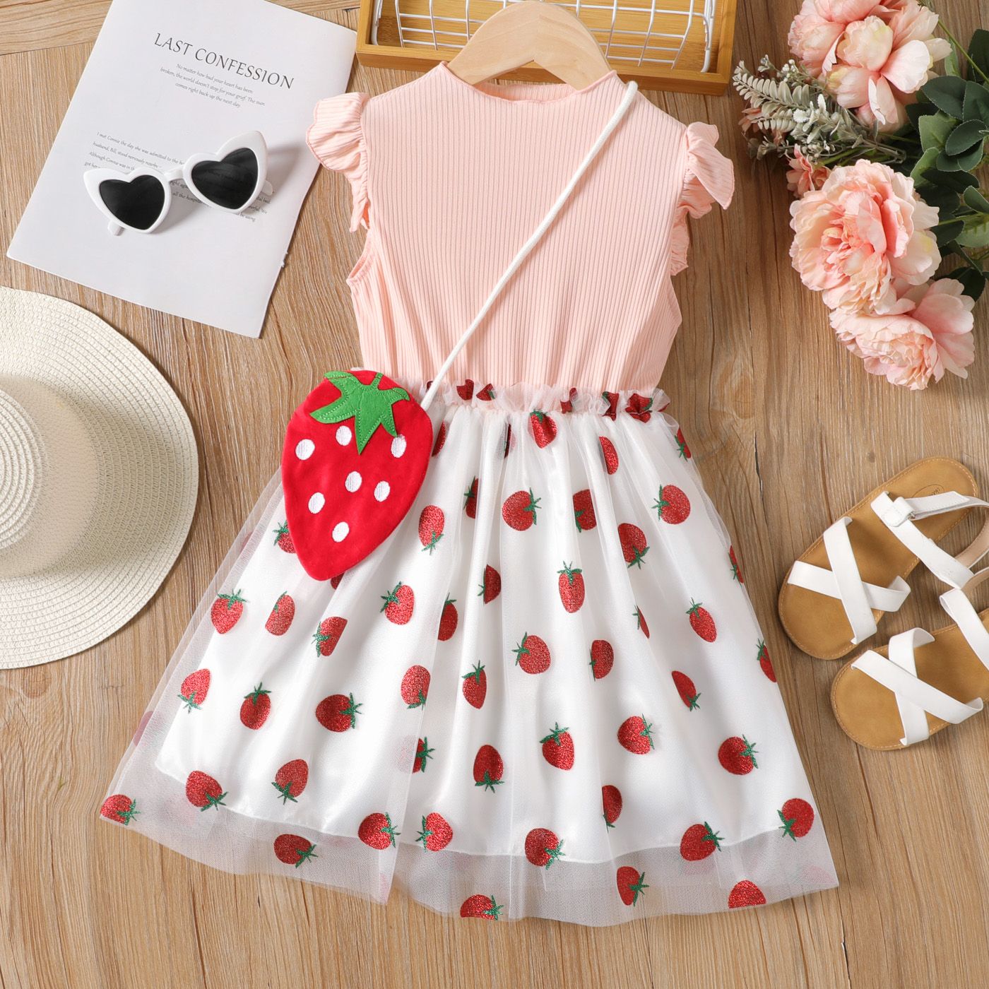 2pcs Kid Girl Pineapple/Strawberry Print Combo Mesh Fairy Dress With Sling Bag