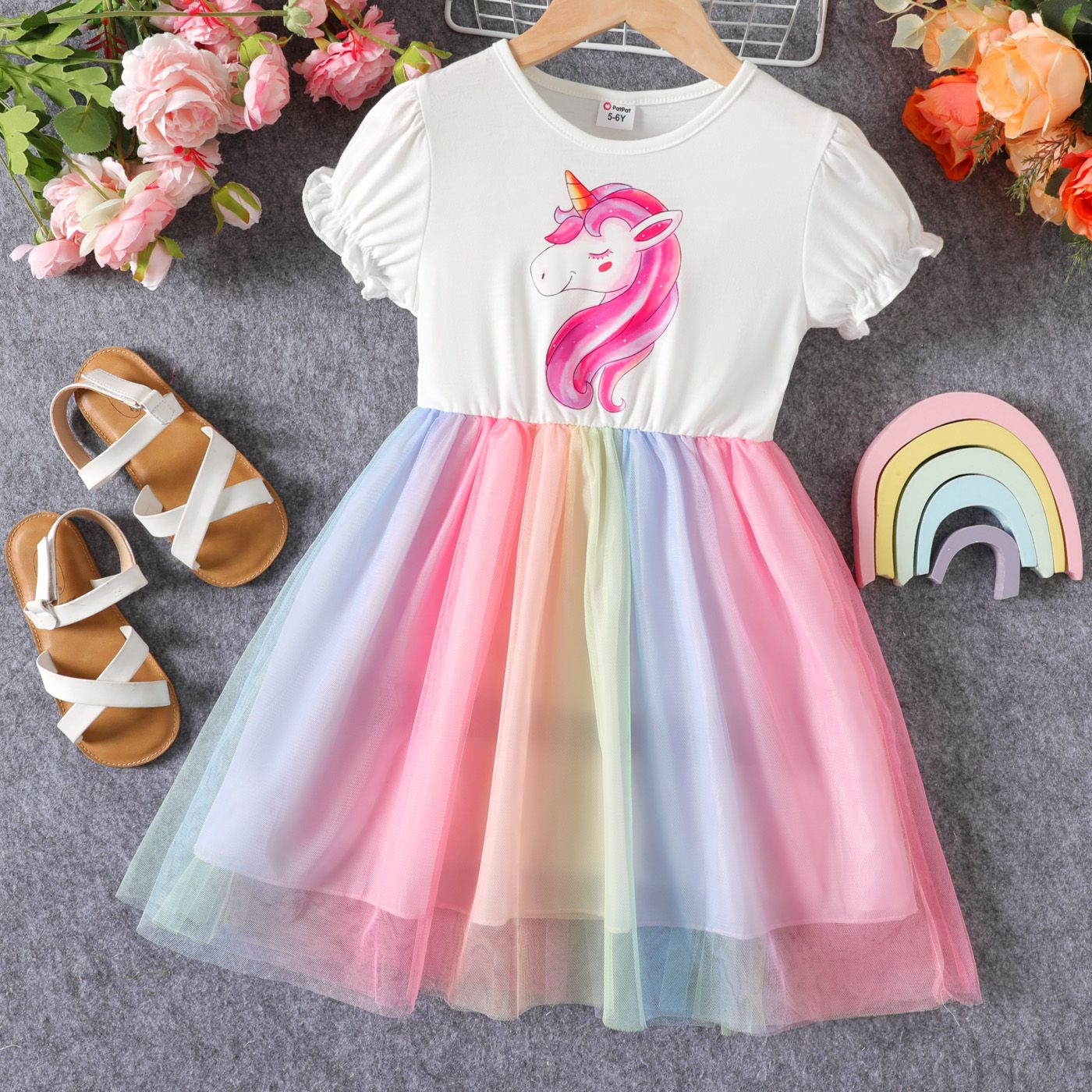 

Kid Girl Unicorn Print Short-sleeve Mesh Overlay Dress