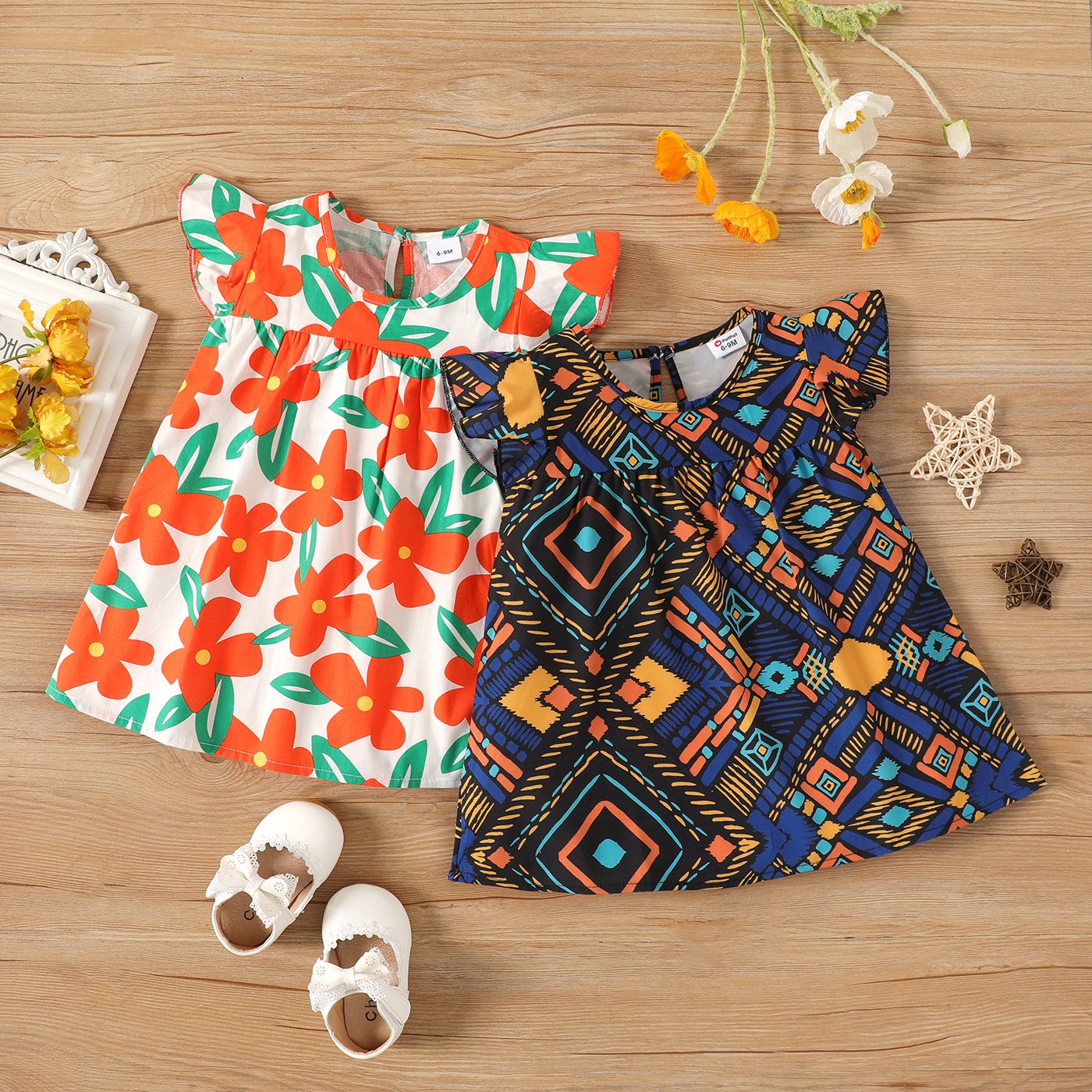 

Baby Girl 100% Cotton Allover Floral Print Flutter-sleeve Dresses