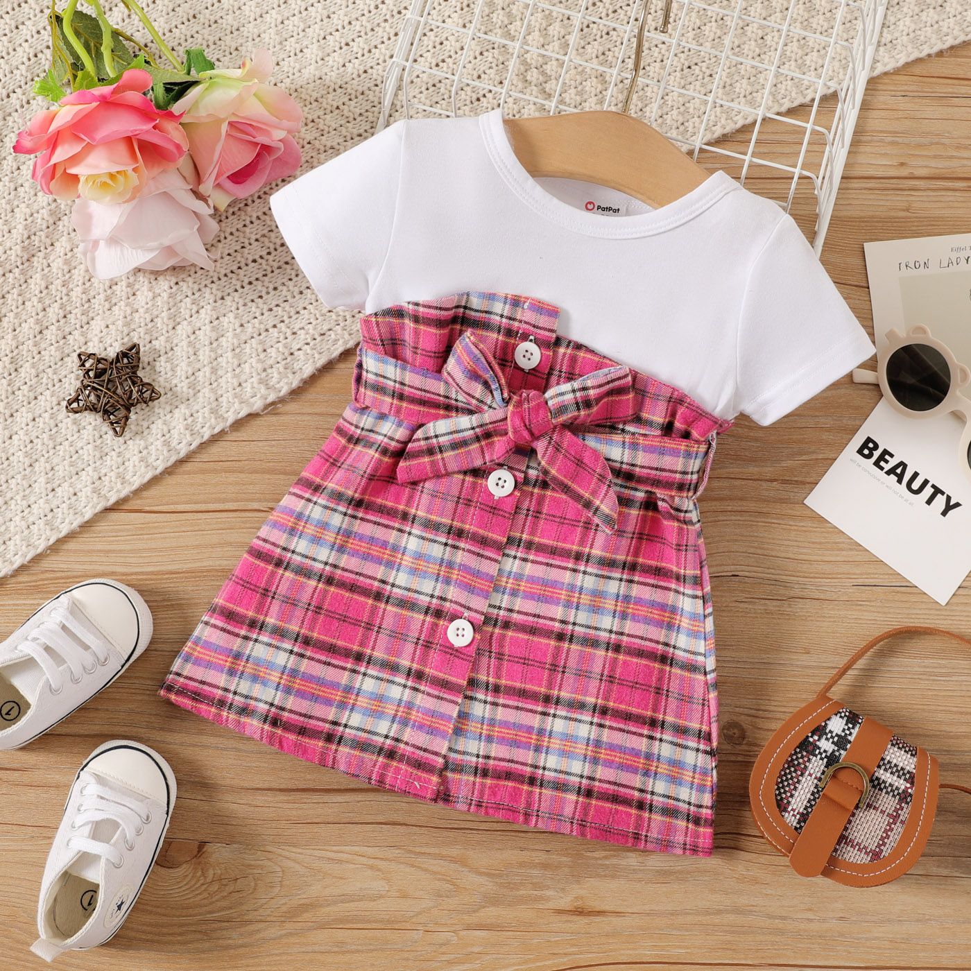 

Baby Girl Cotton Short-sleeve Faux-two Plaid Belted Dress