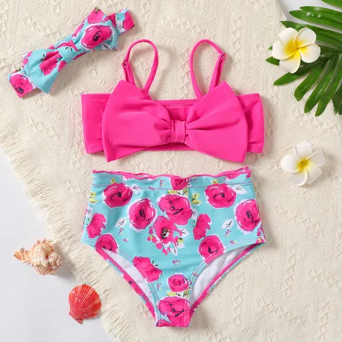 3Pcs Kid Girl Floral Print Bow Decor Two-piece Swimsuit Set