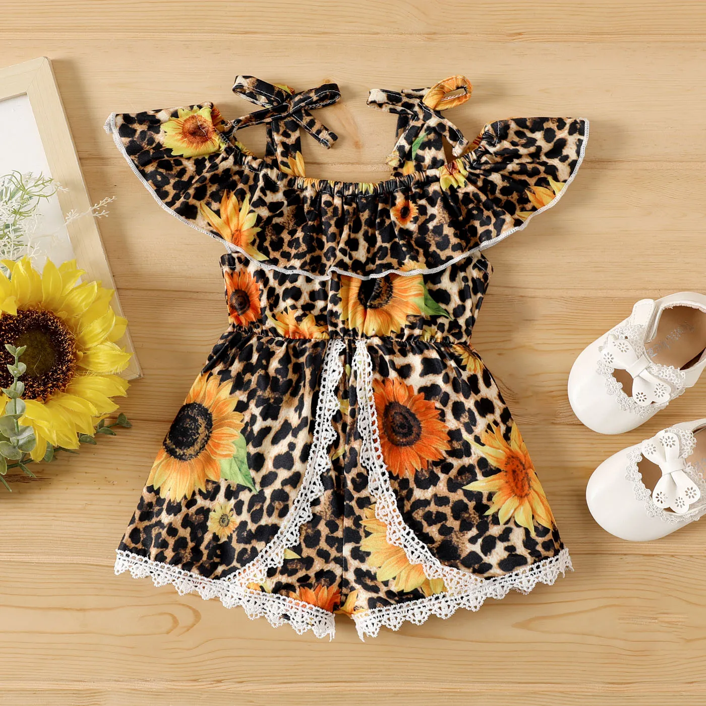 Baby Girl Leopard Sunflower Print Lace Trim Knot Shoulder Ruffled Cami Romper
