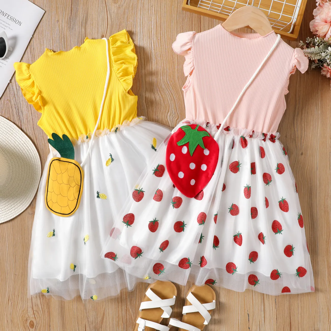 2pcs Kid Girl Pineapple/Strawberry Print Combo Mesh Fairy Dress with Sling Bag Pink big image 1