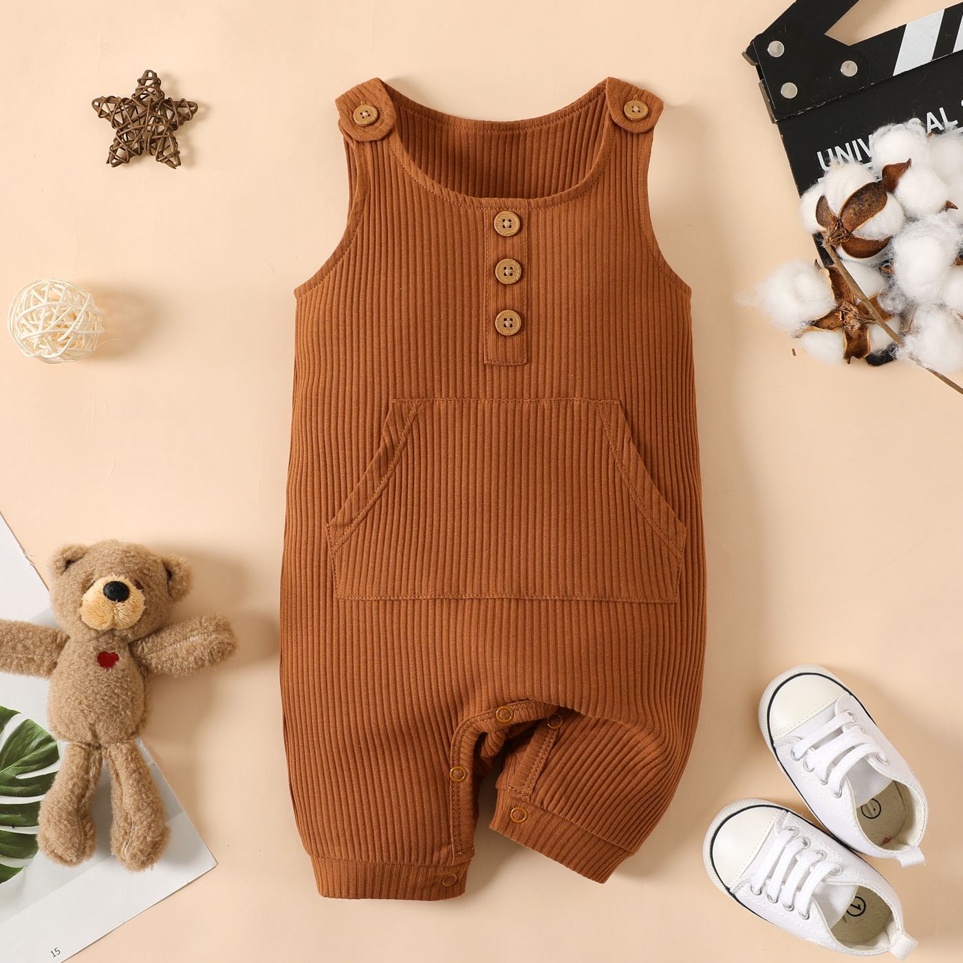 Baby Boy Solid Kangaroo Pocket Button Up Ribbed Jumpsuit