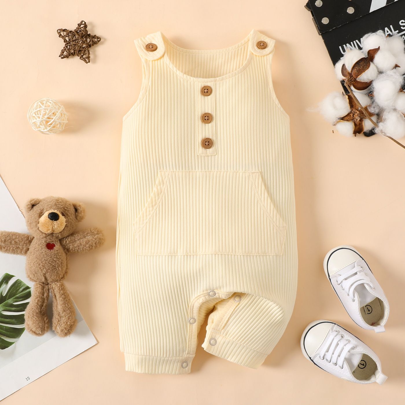 Baby Boy Solid Kangaroo Pocket Button Up Ribbed Jumpsuit