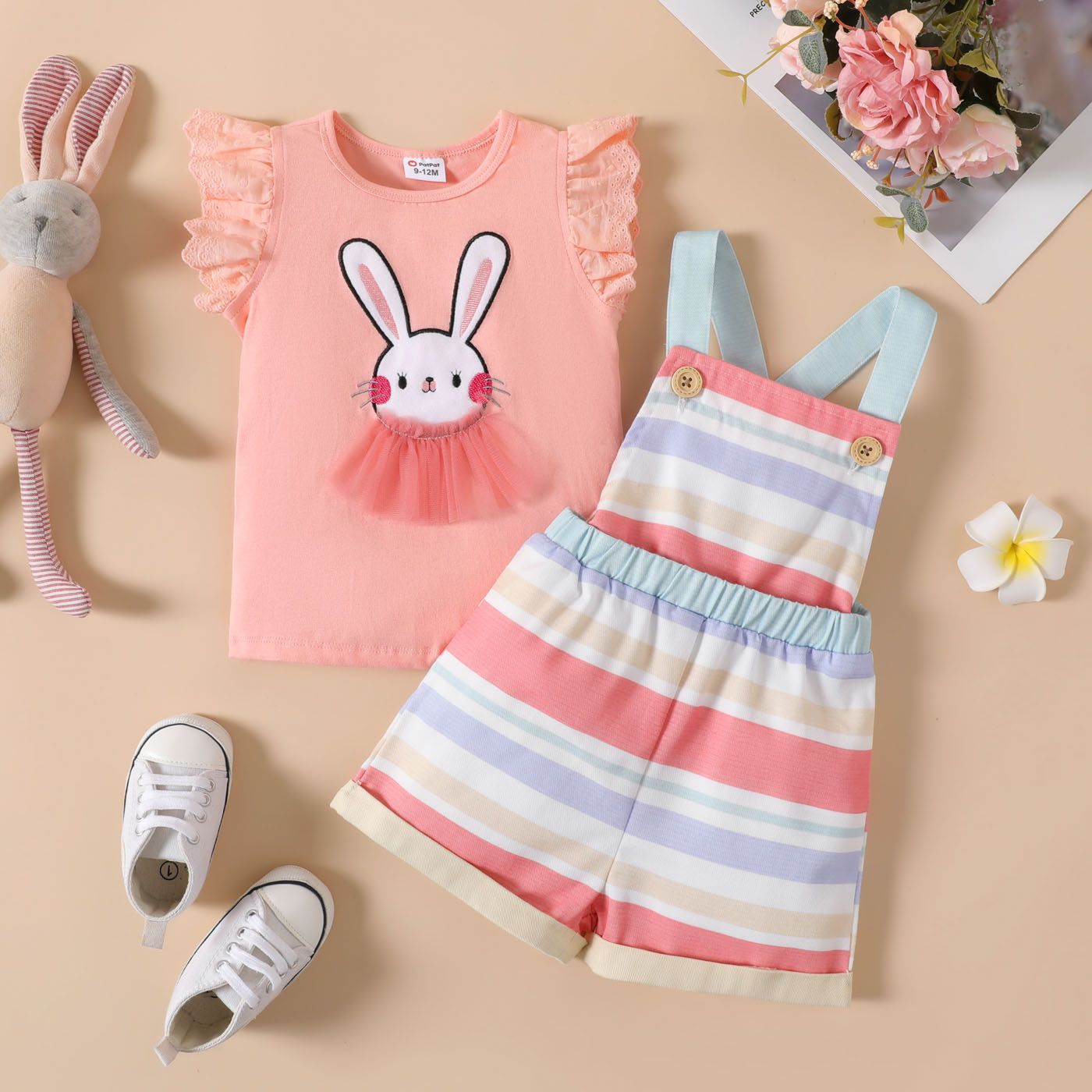 

Baby Girl Cotton Rabbit Embroidered Flutter-sleeve Tee or Colorful Striped Overalls Shorts