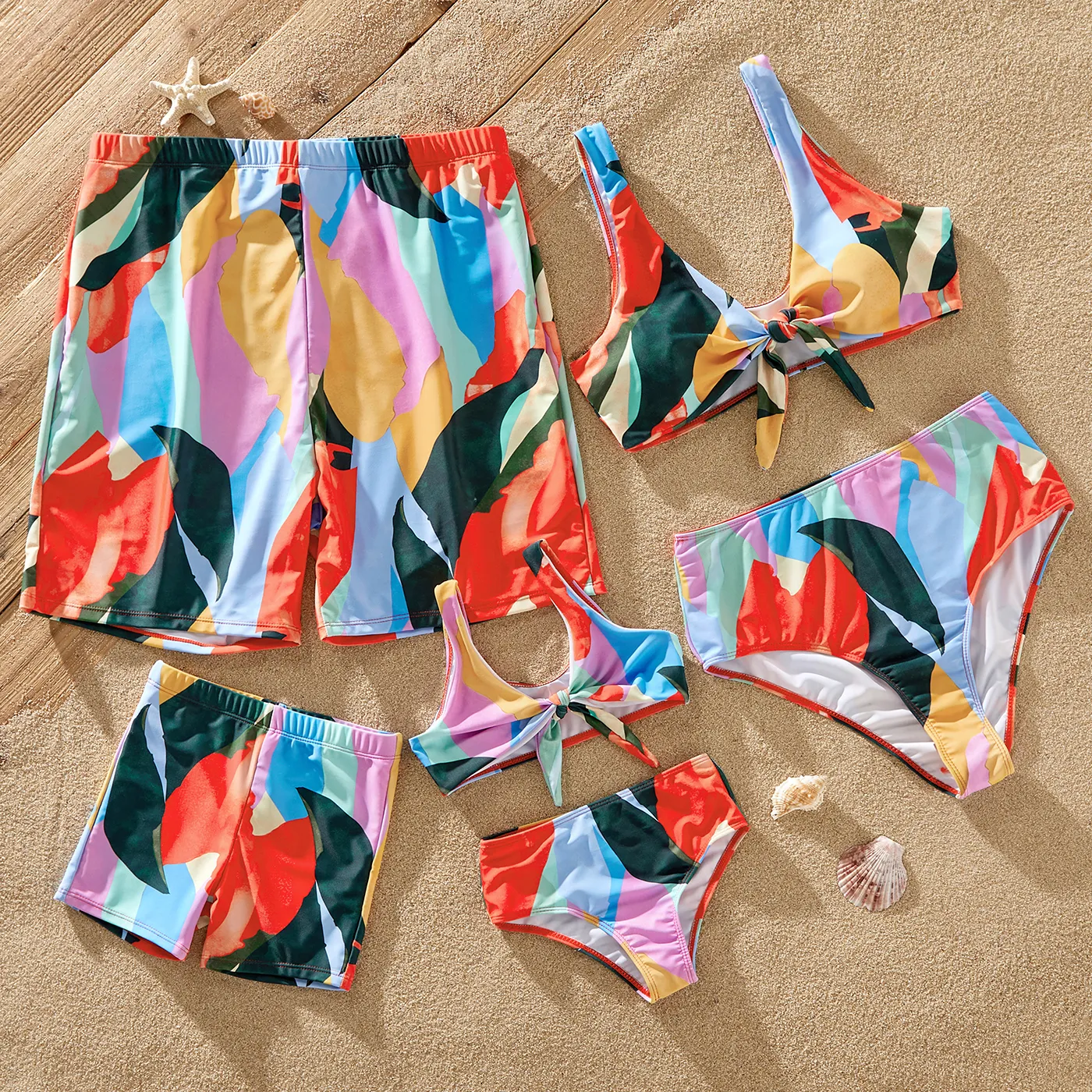 

Family Matching Allover Colorful Geo Print Knot Front Two-piece Bikini Set Swimsuit or Swim Trunks Shorts