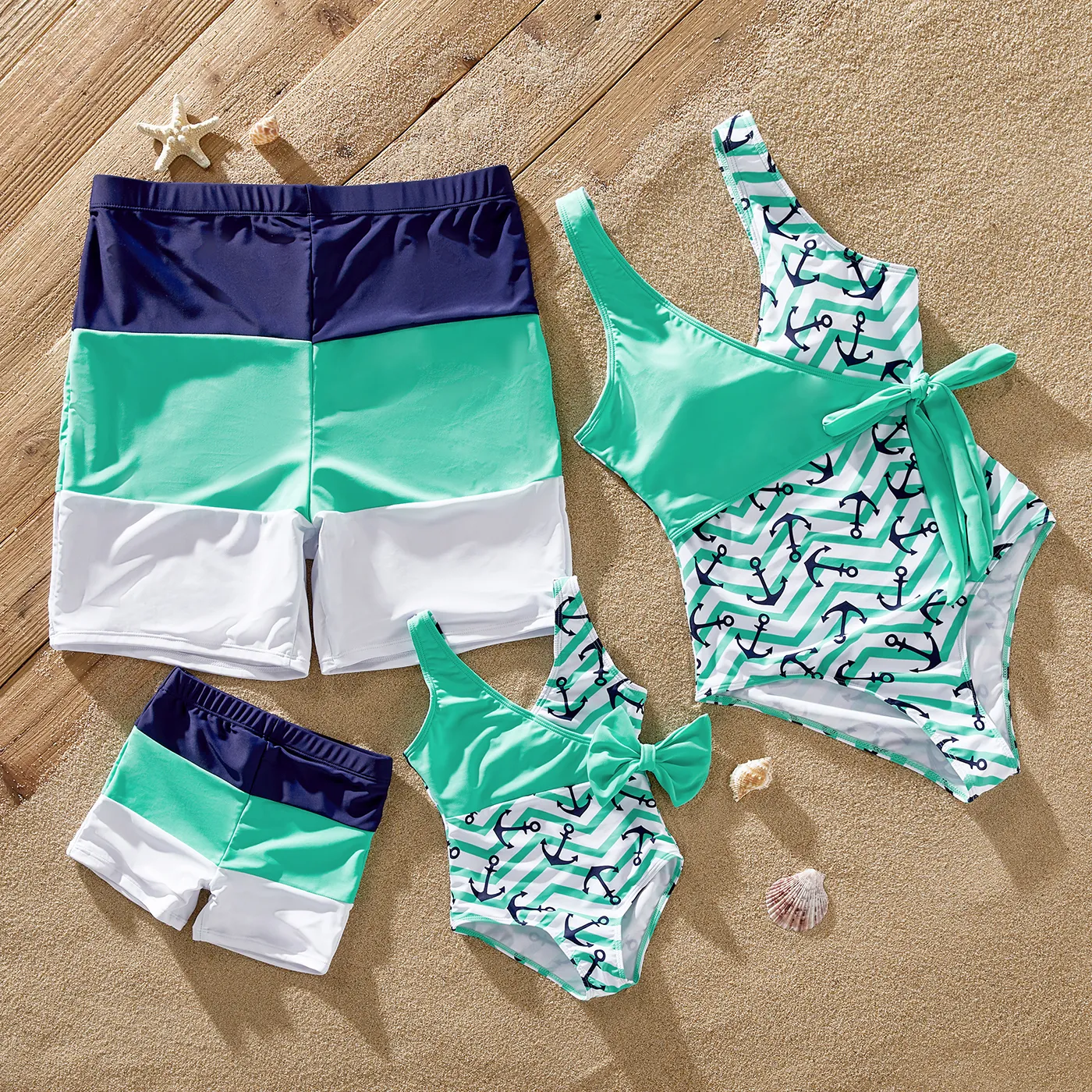 Family Matching Allover Anchor Print Colorblock Self Tie One-piece Swimsuit or Swim Trunks Shorts
