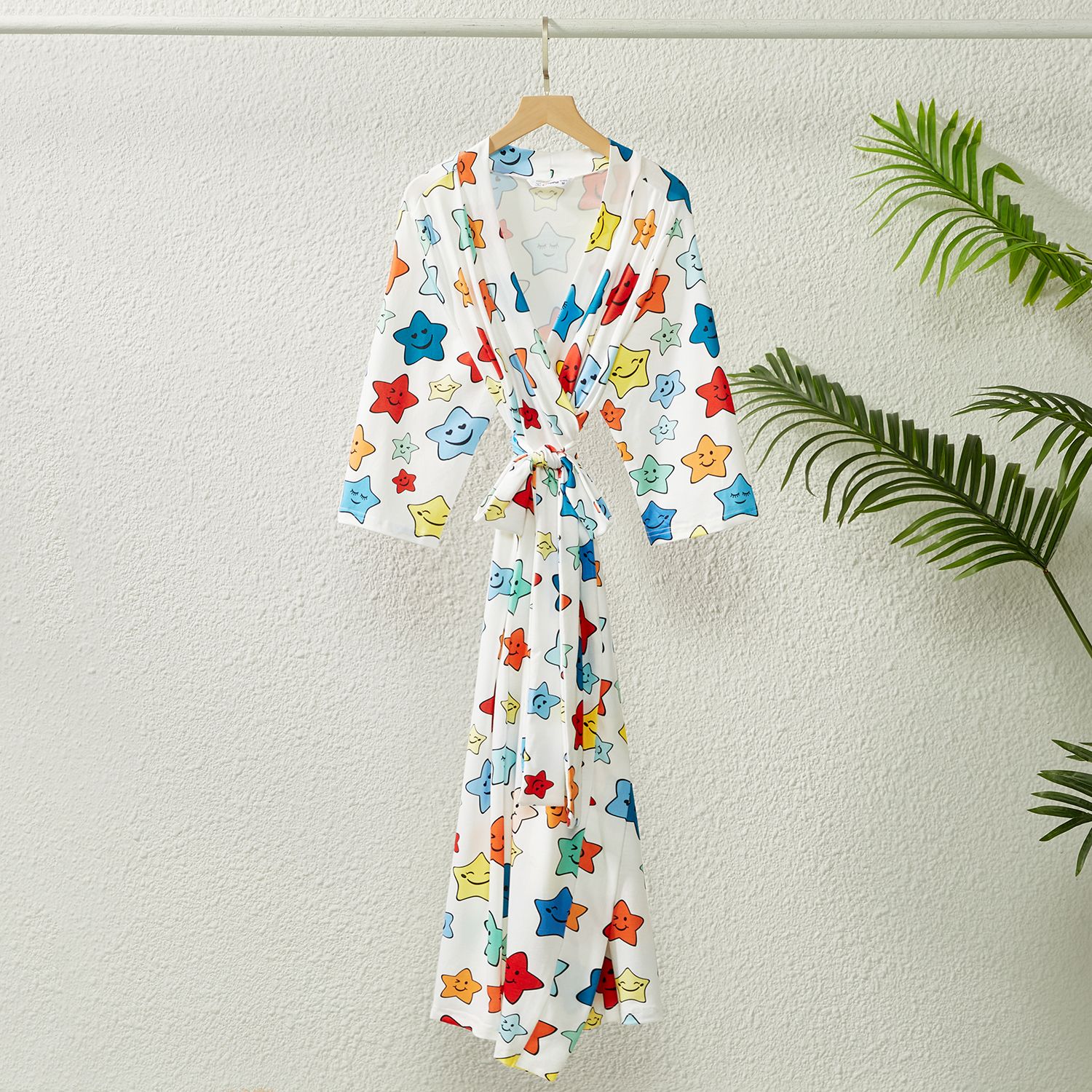 Family Matching Allover Colorful Stars Print Belted Robe And Swaddle Blanket Or Cotton Short-sleeve Striped Tee Sets