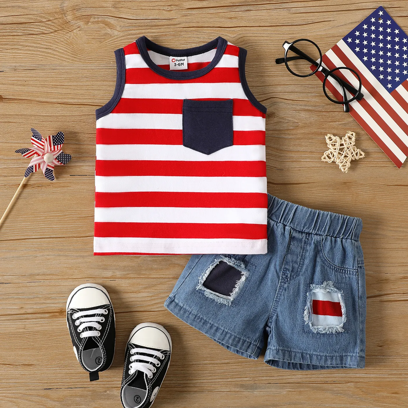 Independence Day 2pcs Baby Boy Striped Tank Top And Ripped Denim Shorts Set