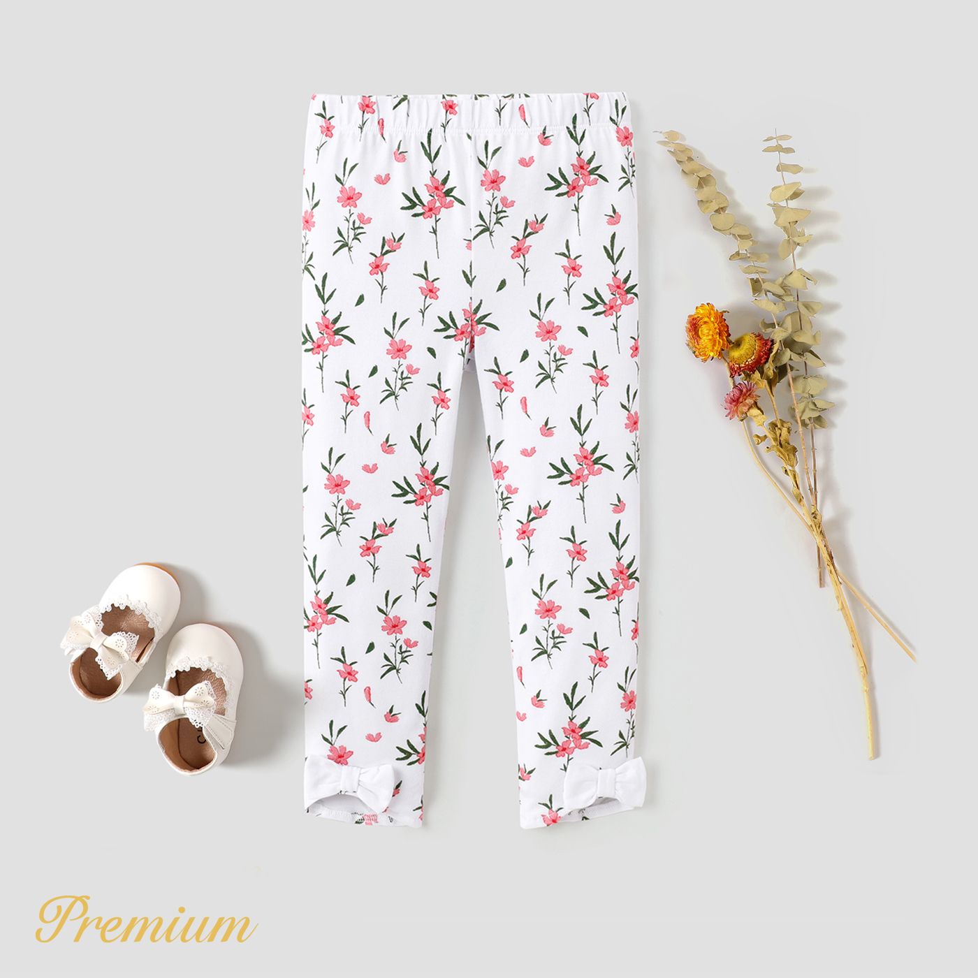 Pantalon Leggings Bébé Fille En Coton Avec Nœud Et Imprimé Floral Sur L'ensemble