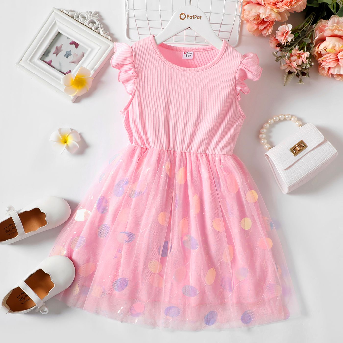 Kid Girl Ruffle Sleeve Polka Dots Pattern Mesh Fairy Dress