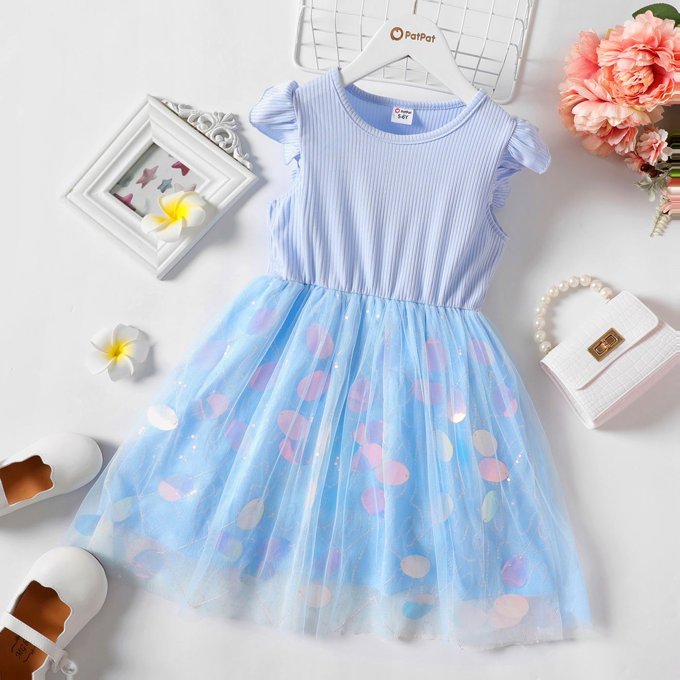 Kid Girl Ruffle Sleeve Polka Dots Pattern Mesh Fairy Dress