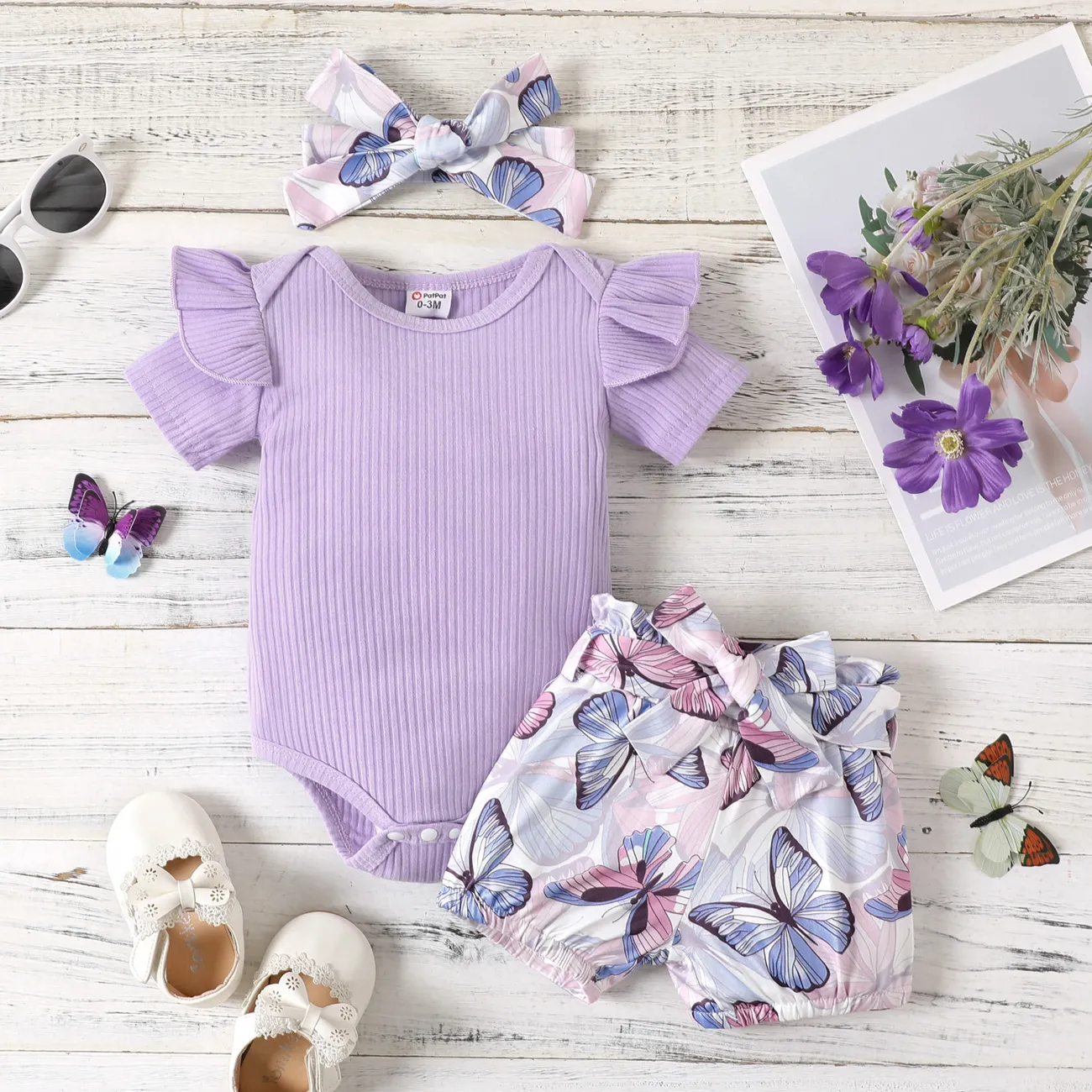 3pcs Baby Girl Ribbed Romper & Belted Shorts & Headband Set Purple big image 1