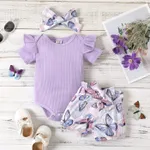 3件 嬰兒 女 蝴蝶 甜美 短袖 嬰兒套裝 紫色