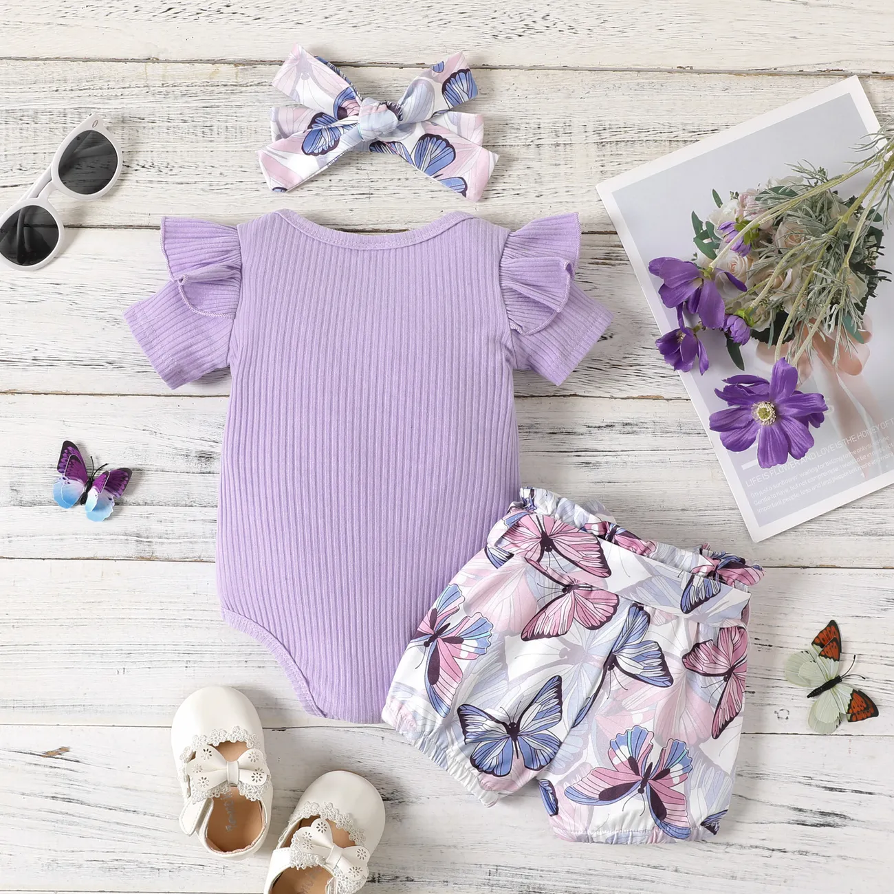 3件 嬰兒 女 蝴蝶 甜美 短袖 嬰兒套裝 紫色 big image 1