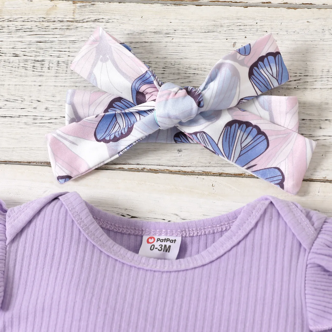 3件 嬰兒 女 蝴蝶 甜美 短袖 嬰兒套裝 紫色 big image 1