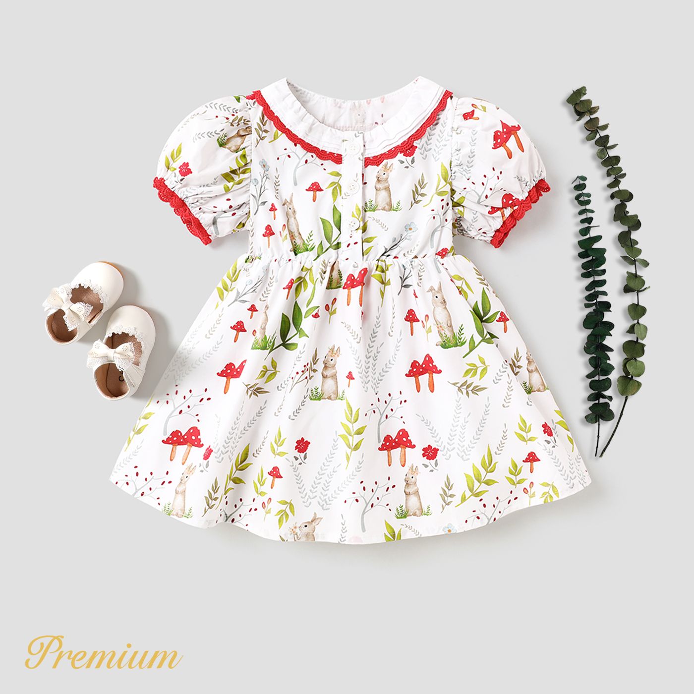 Baby Girl 100% Cotton Allover Rabbit Print Puff-sleeve Dress