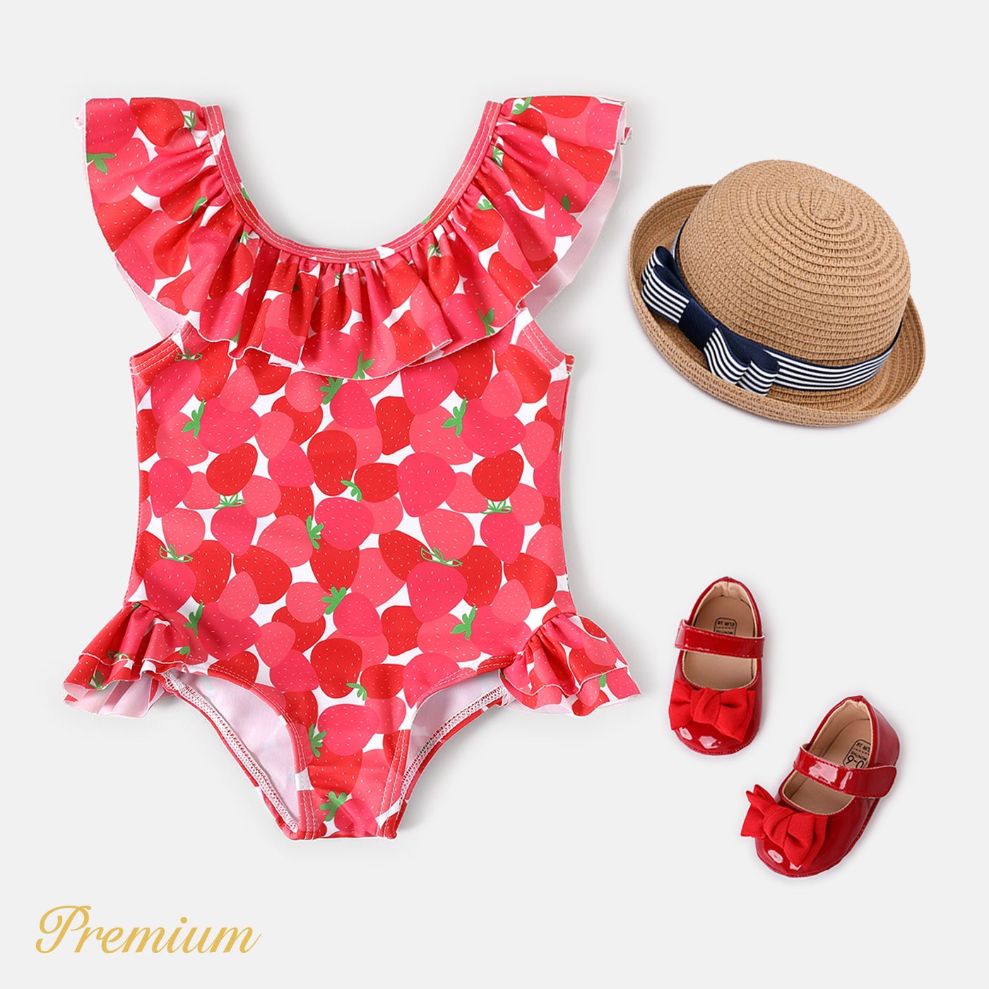 

Baby Girl Allover Red Strawberry Print Ruffled One-piece Swimsuit