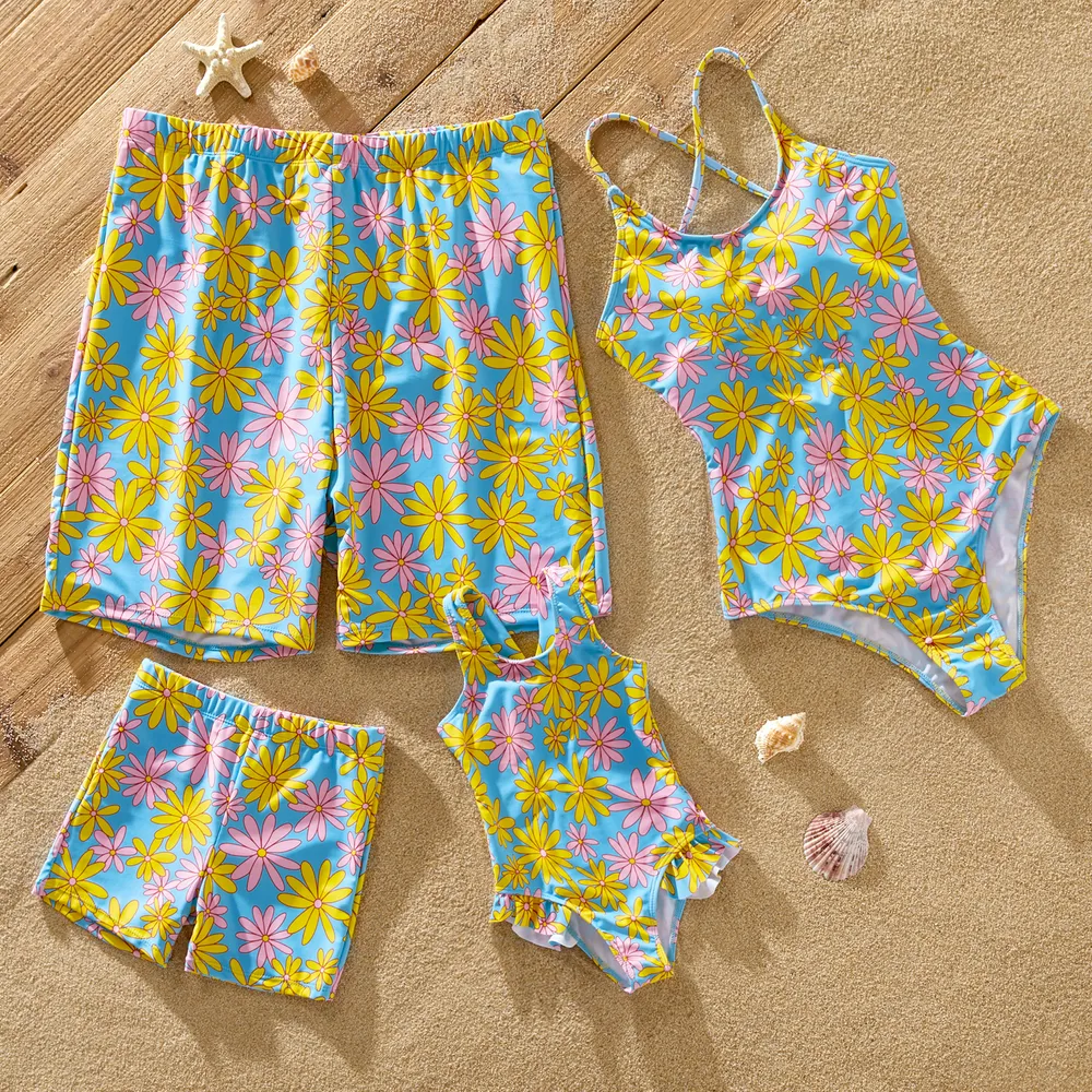 Family Matching Allover Daisy Floral Print One-piece Swimsuit or Swim Trunks Shorts  big image 12