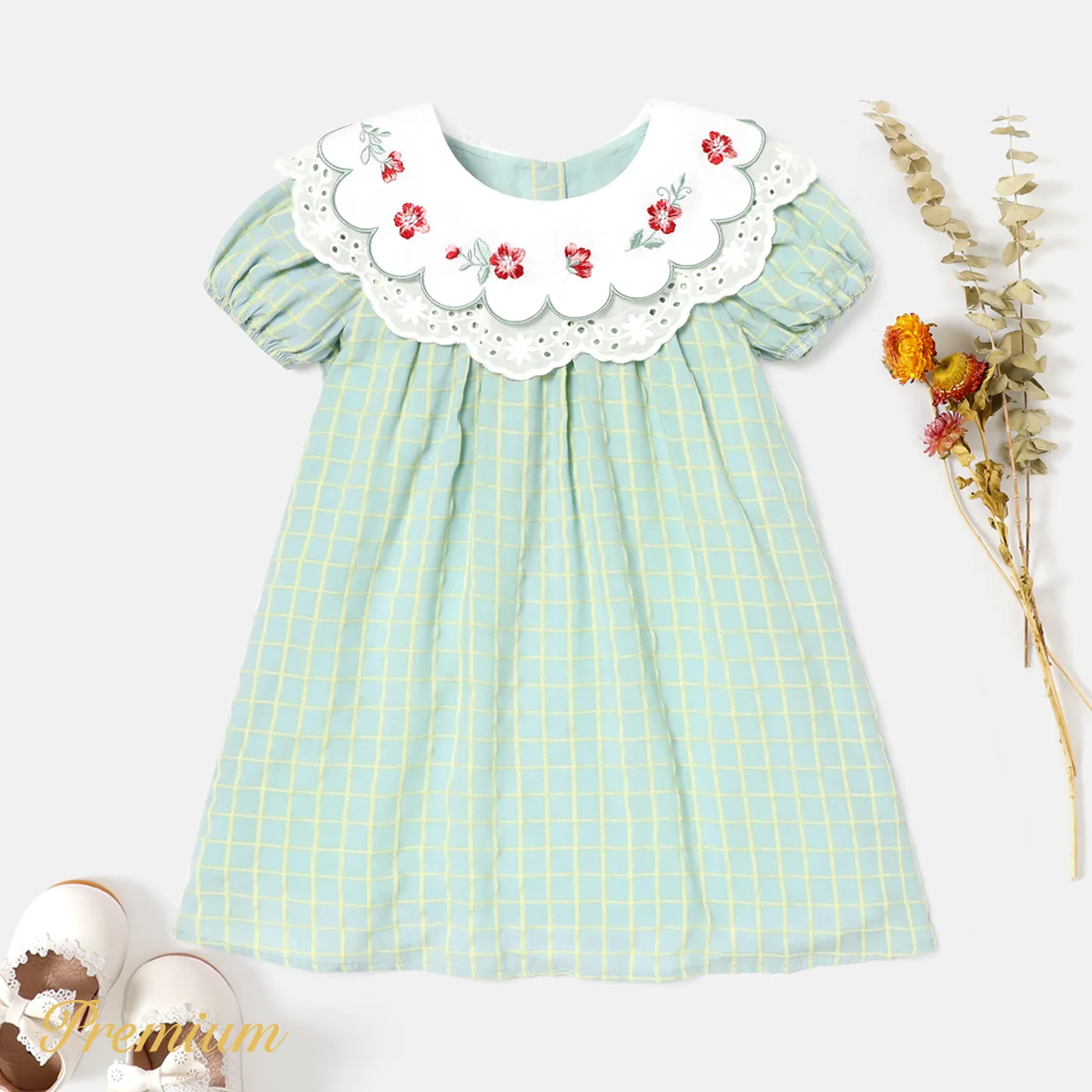 Toddler Girl 100% Cotton Statement Collar Puff-sleeve Gingham Dress  big image 1
