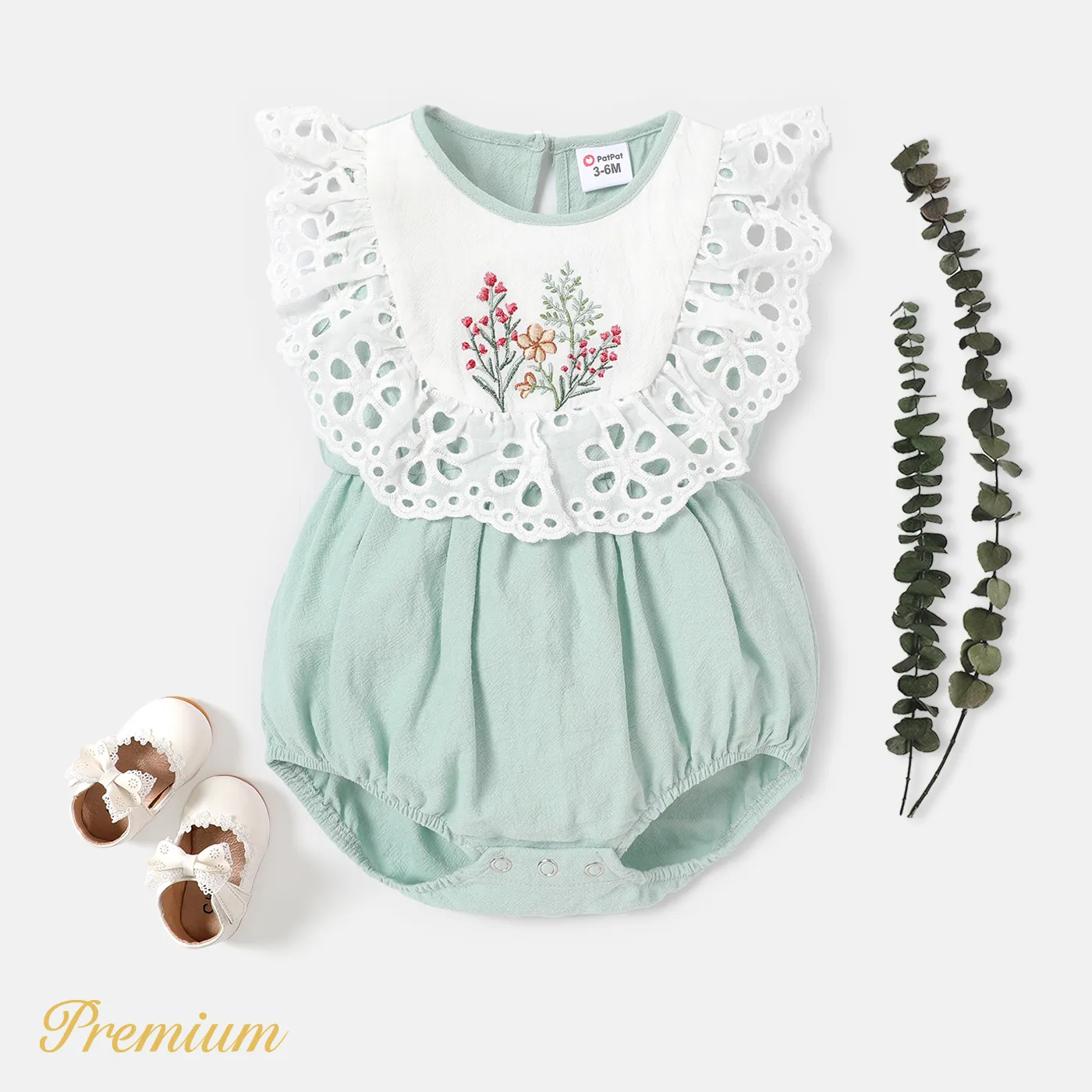 <Green Vines> Baby Girl Cotton Green Ribbed Ruffled Sleeveless Series Green