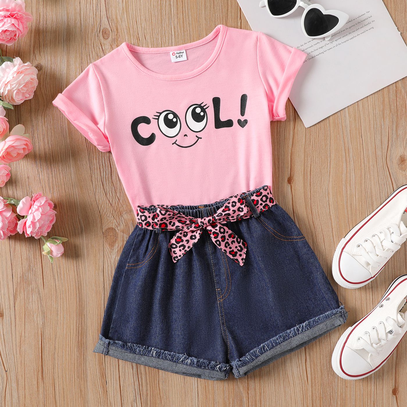2pcs Kid Girl Funny Letter Print Tee And Leopard Belted Shorts Set