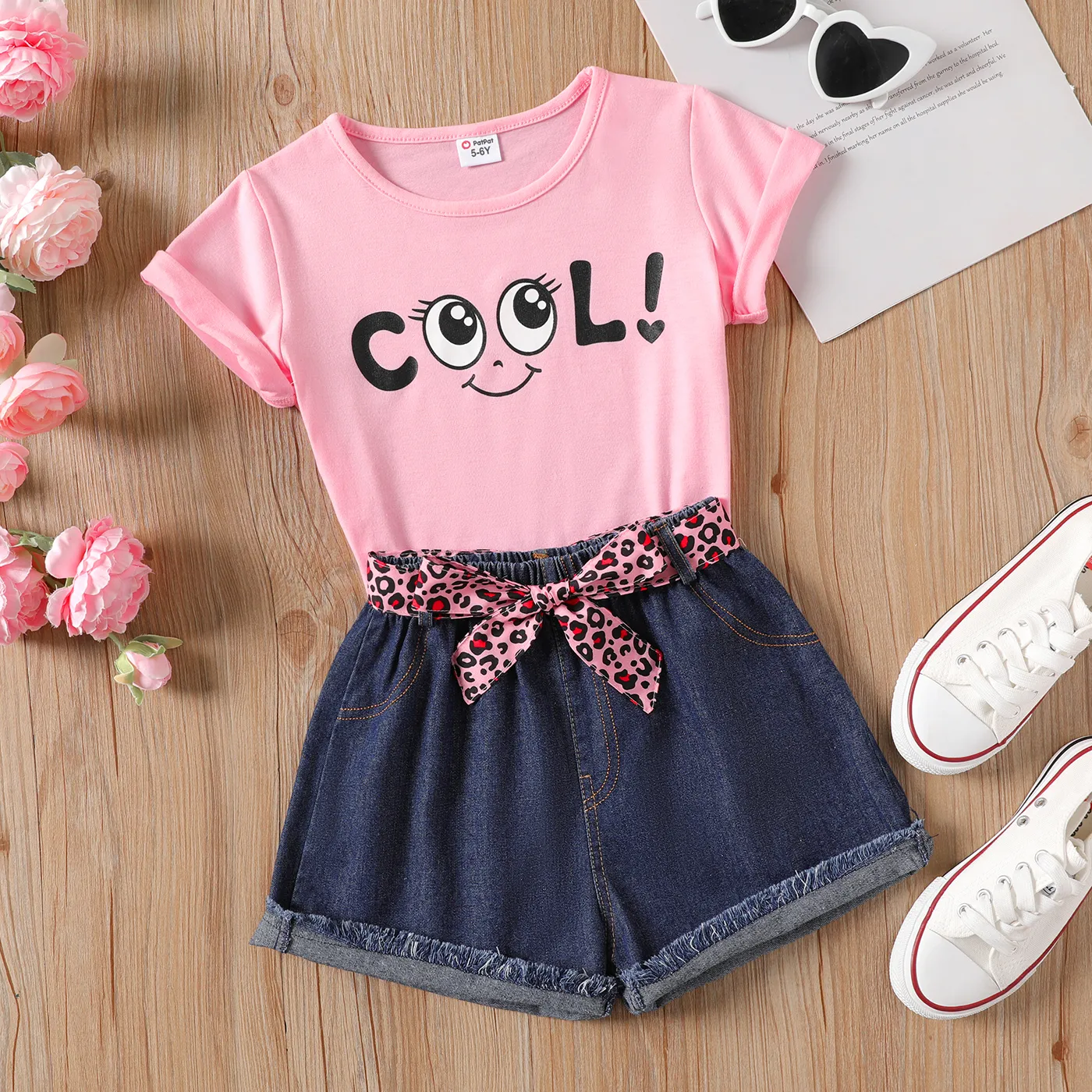 2pcs Kid Girl Funny Letter Print Tee and Leopard Belted Shorts Set  big image 1