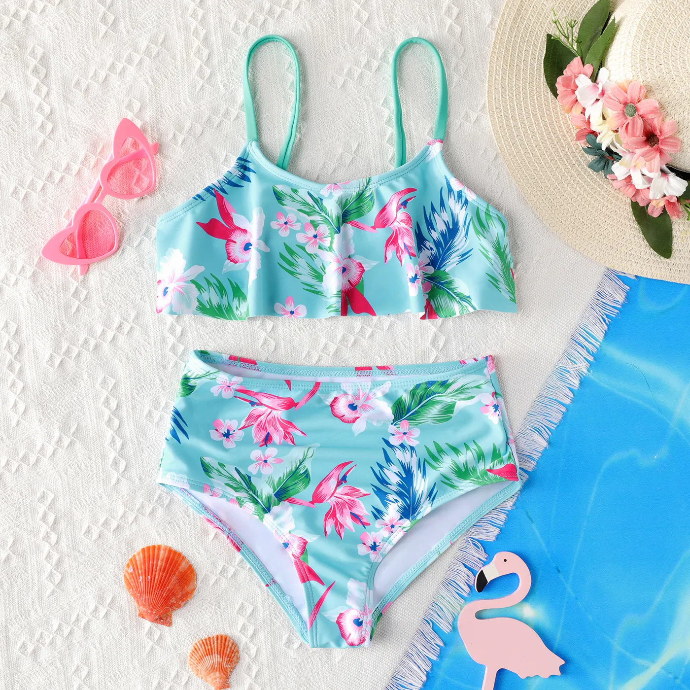 2pcs Kid Girl Floral Print Swimsuit Light Green