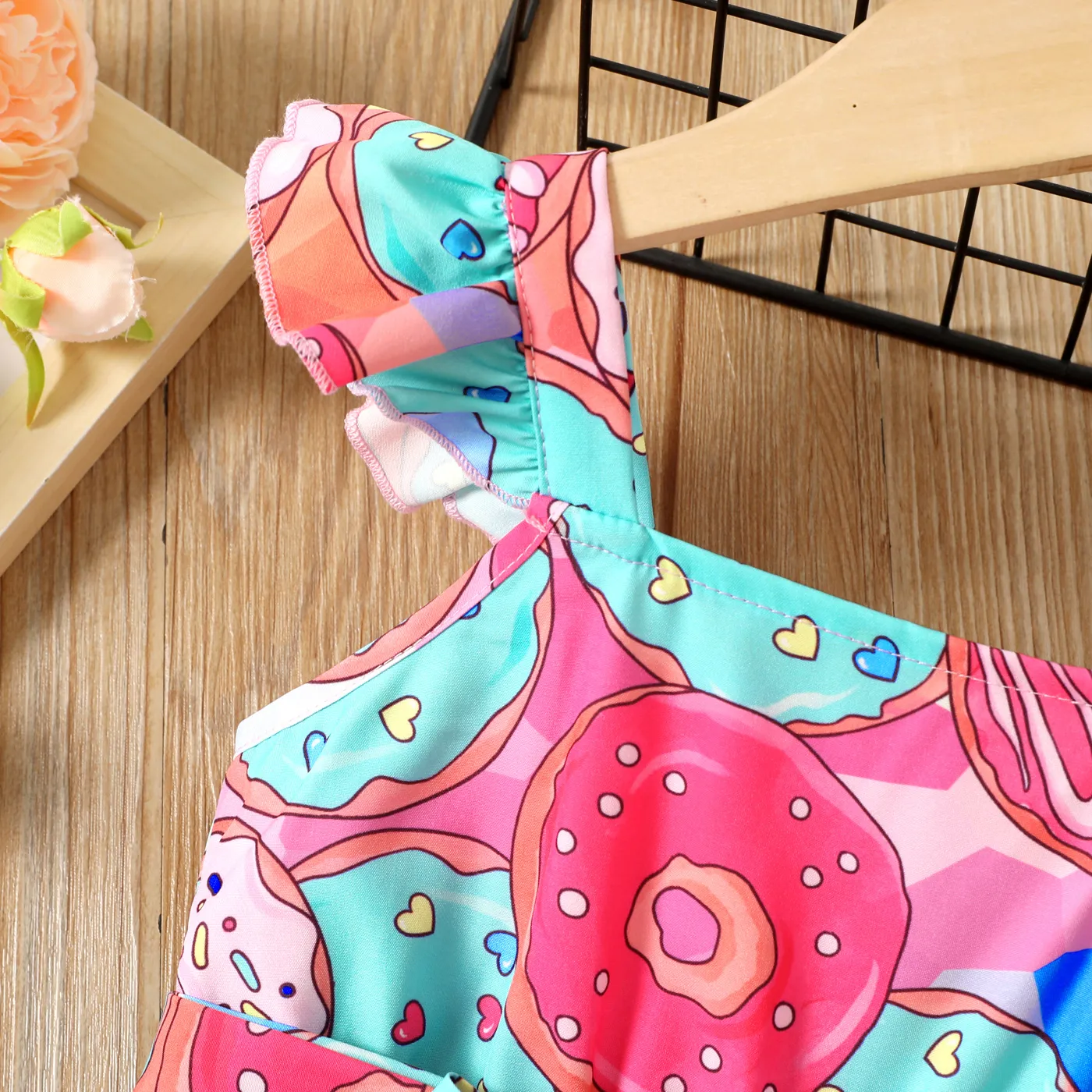 Toddler Girl Allover Donut Print Flutter-sleeve Belted Romper  image 3