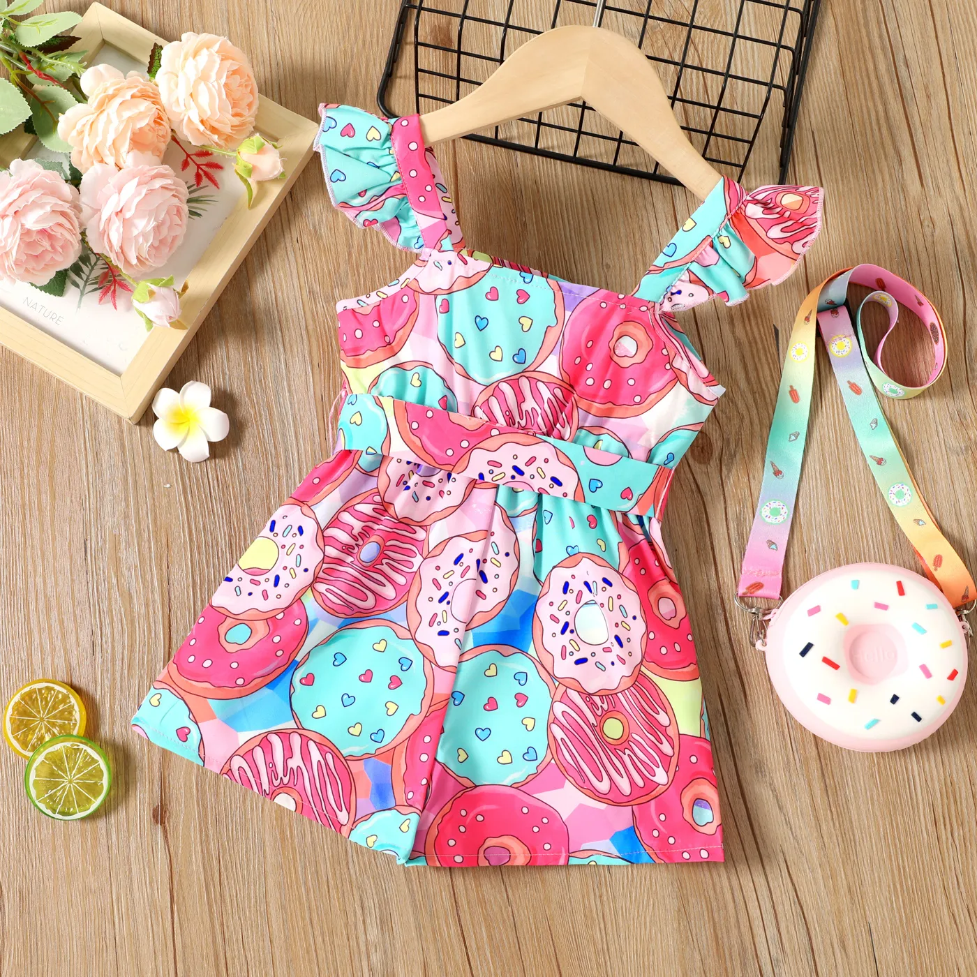 Toddler Girl Allover Donut Print Flutter-sleeve Belted Romper  image 2
