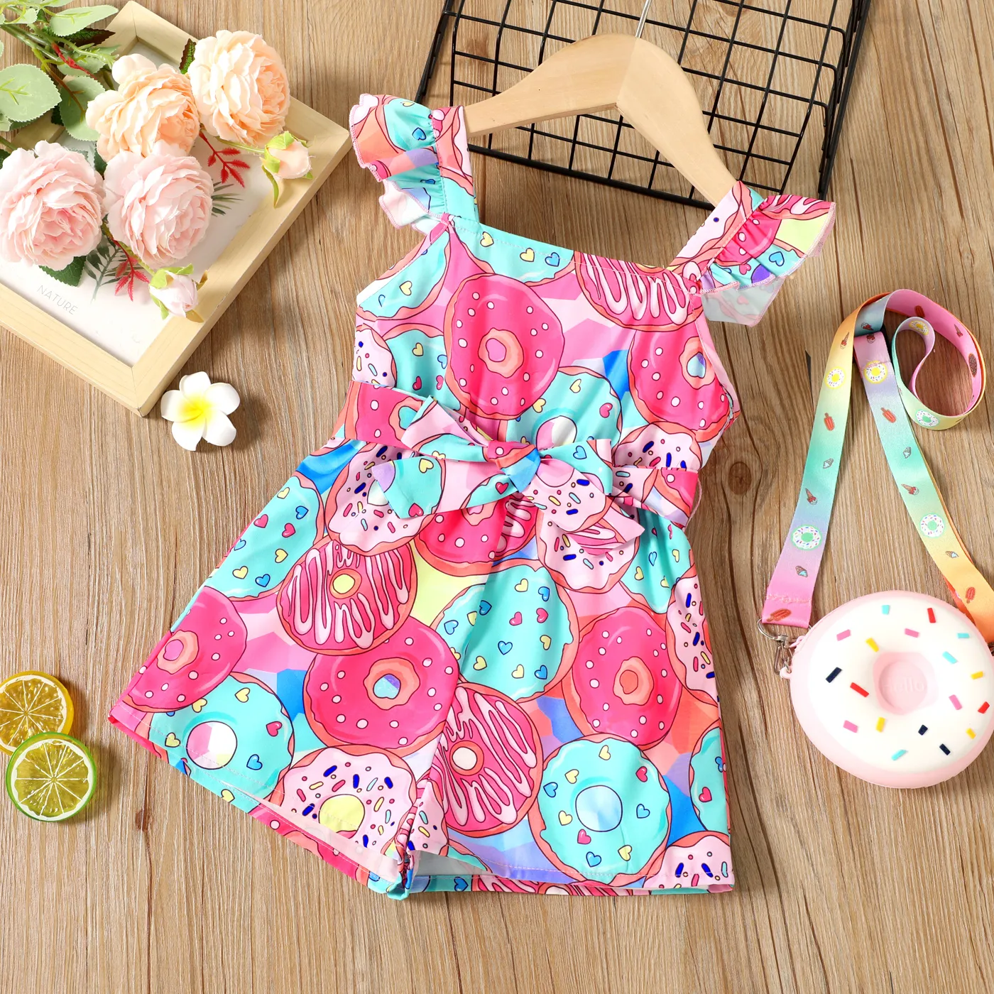 Toddler Girl Allover Donut Print Flutter-sleeve Belted Romper  big image 1