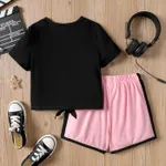 2Pcs Kid Girl Letter Print Knot Front Short-sleeve Tee and Shorts Set  image 2