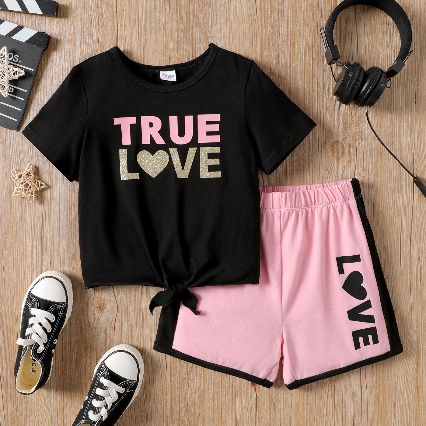 2Pcs Kid Girl Letter Print Knot Front Short-sleeve Tee And Shorts Set