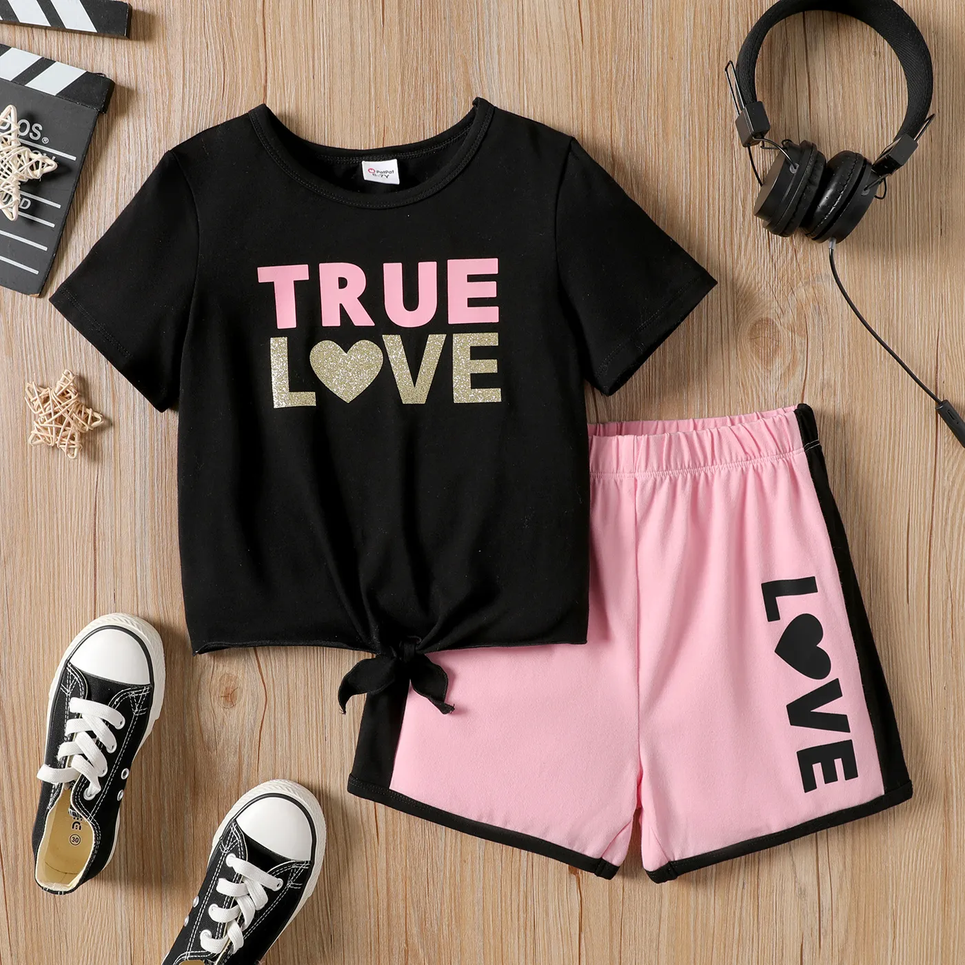 2Pcs Kid Girl Letter Print Knot Front Short-sleeve Tee and Shorts Set  big image 1