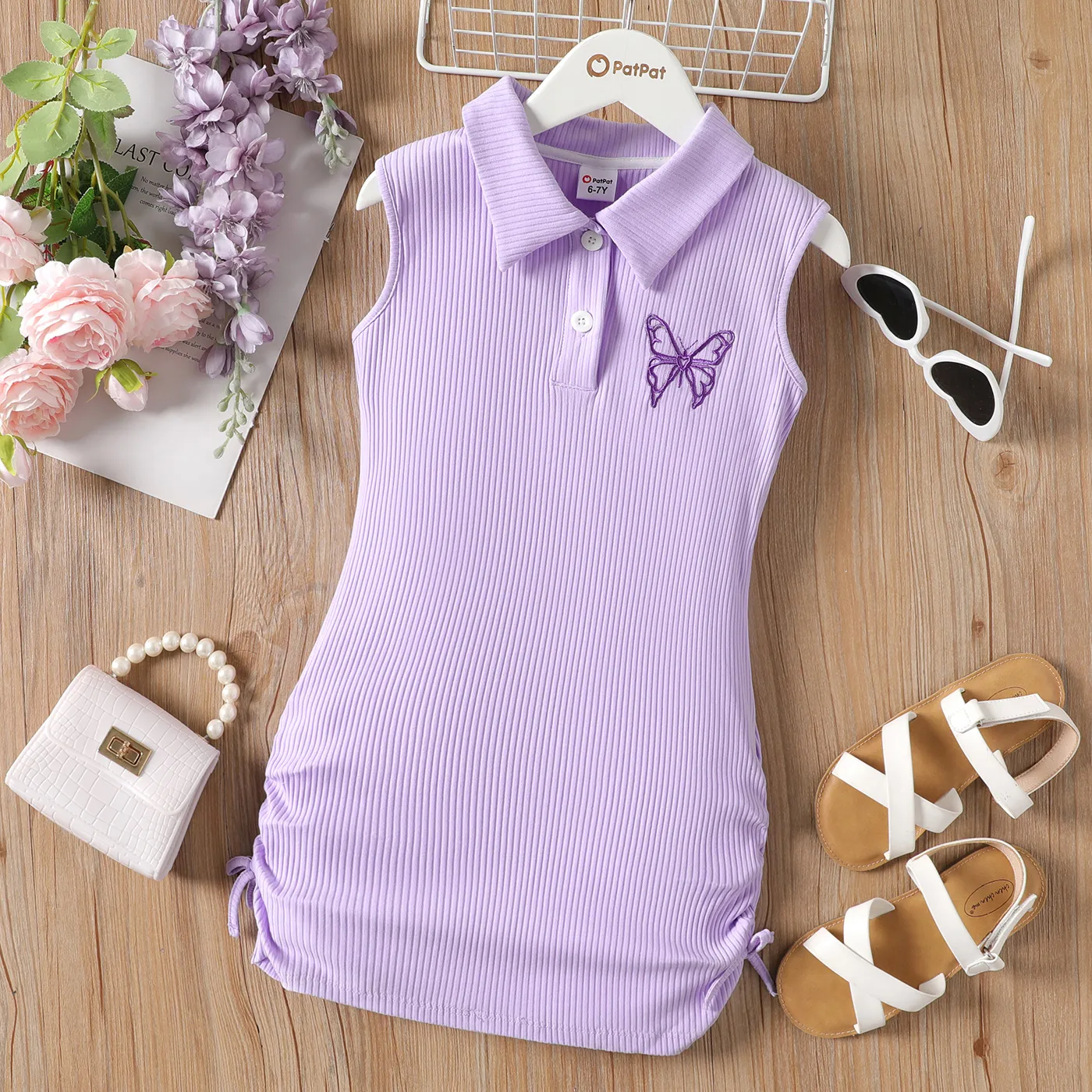 Kid Girl Butterfly Embroidered Drawstring Ruched Side Sleeveless Cotton Ribbed Shirt Dress  big image 1