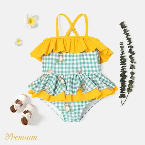 Baby Girl Rabbit Print Contrast Ruffled Gingham Strappy One-piece Swimsuit