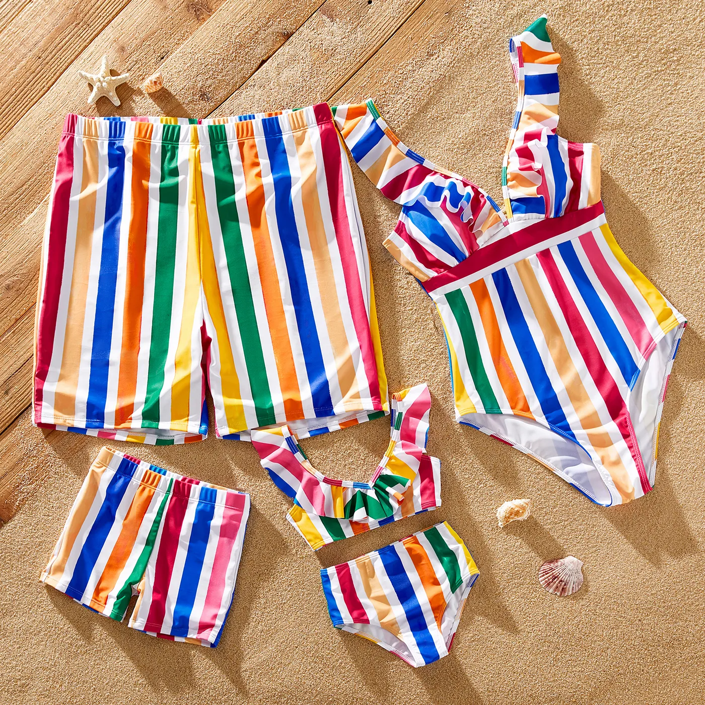 

Family Matching Colorful Striped Ruffled Deep V Neck One-piece Swimsuit or Swim Trunks Shorts