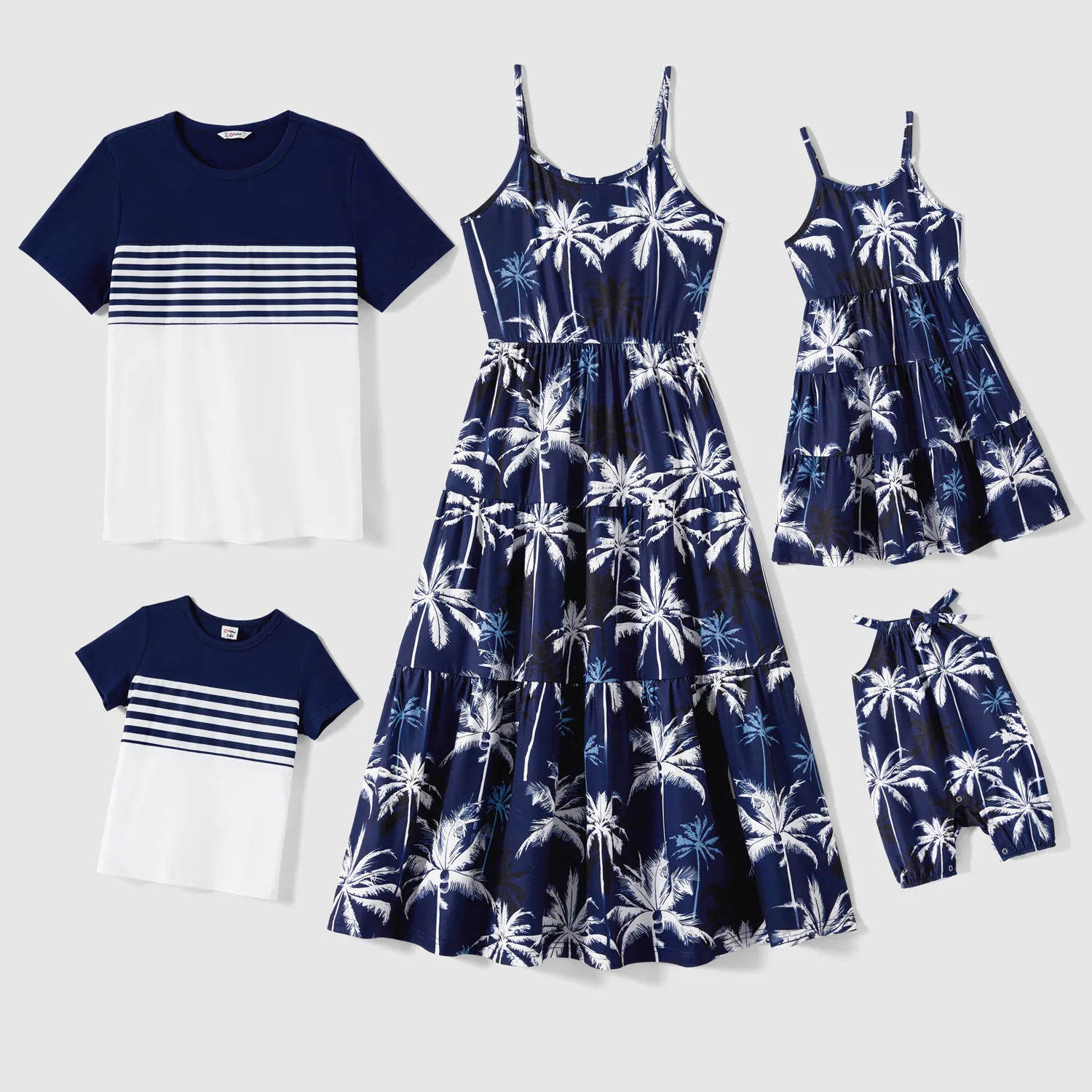 Family Matching Tropical Plant Print Slip Dresses And Stripe Panel Short-sleeve T-shirts Sets
