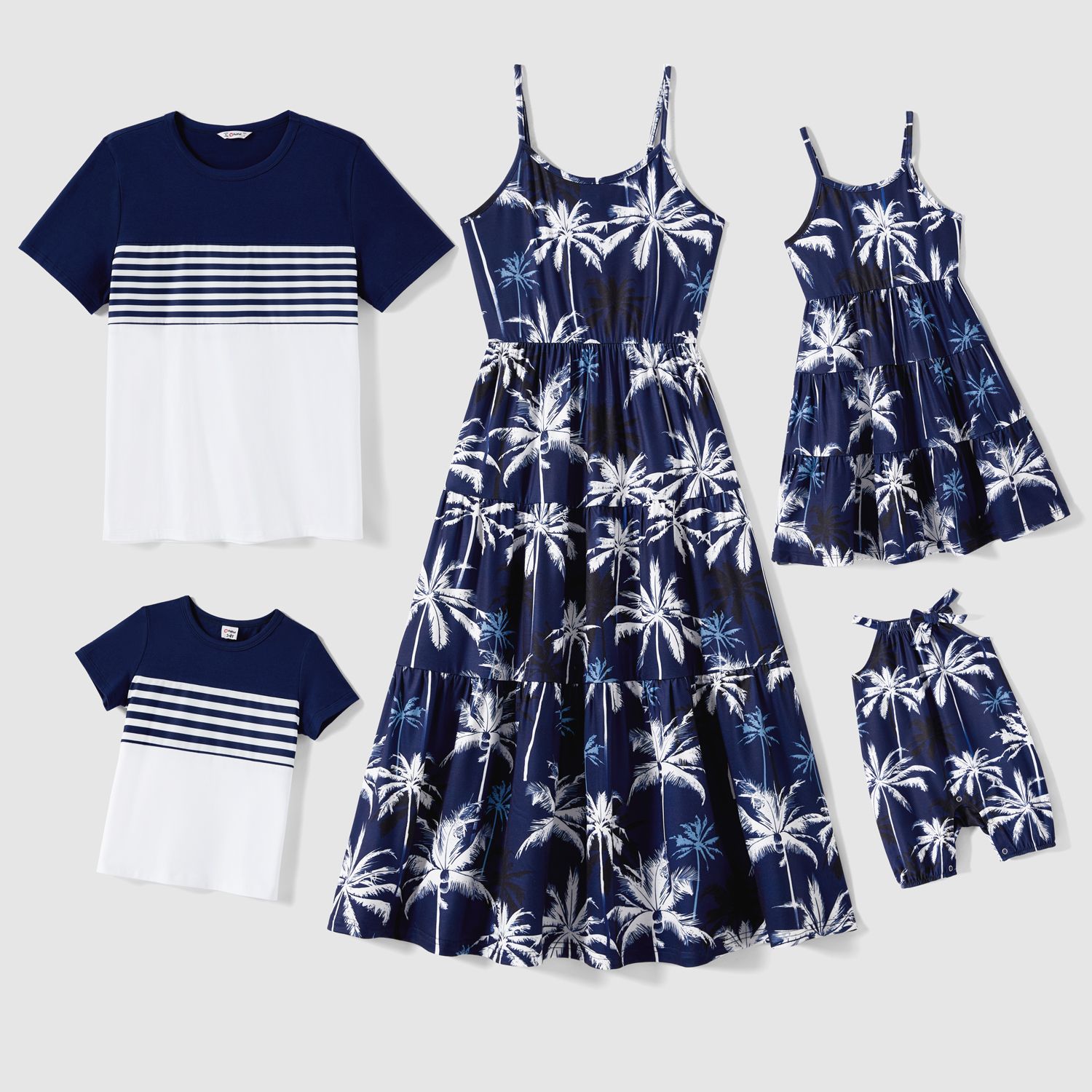 Famille Matching Tropical Plant Print Slip Robes Et Stripe Panel Manches Courtes T-shirts Sets