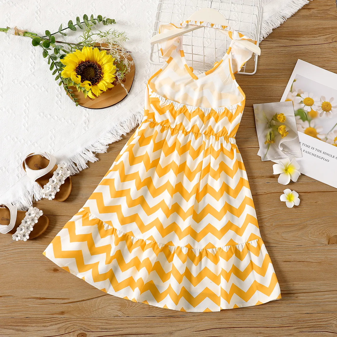 Toddler Girl Chevron Stripe Sleeveless Halter Dress Yellow image 2