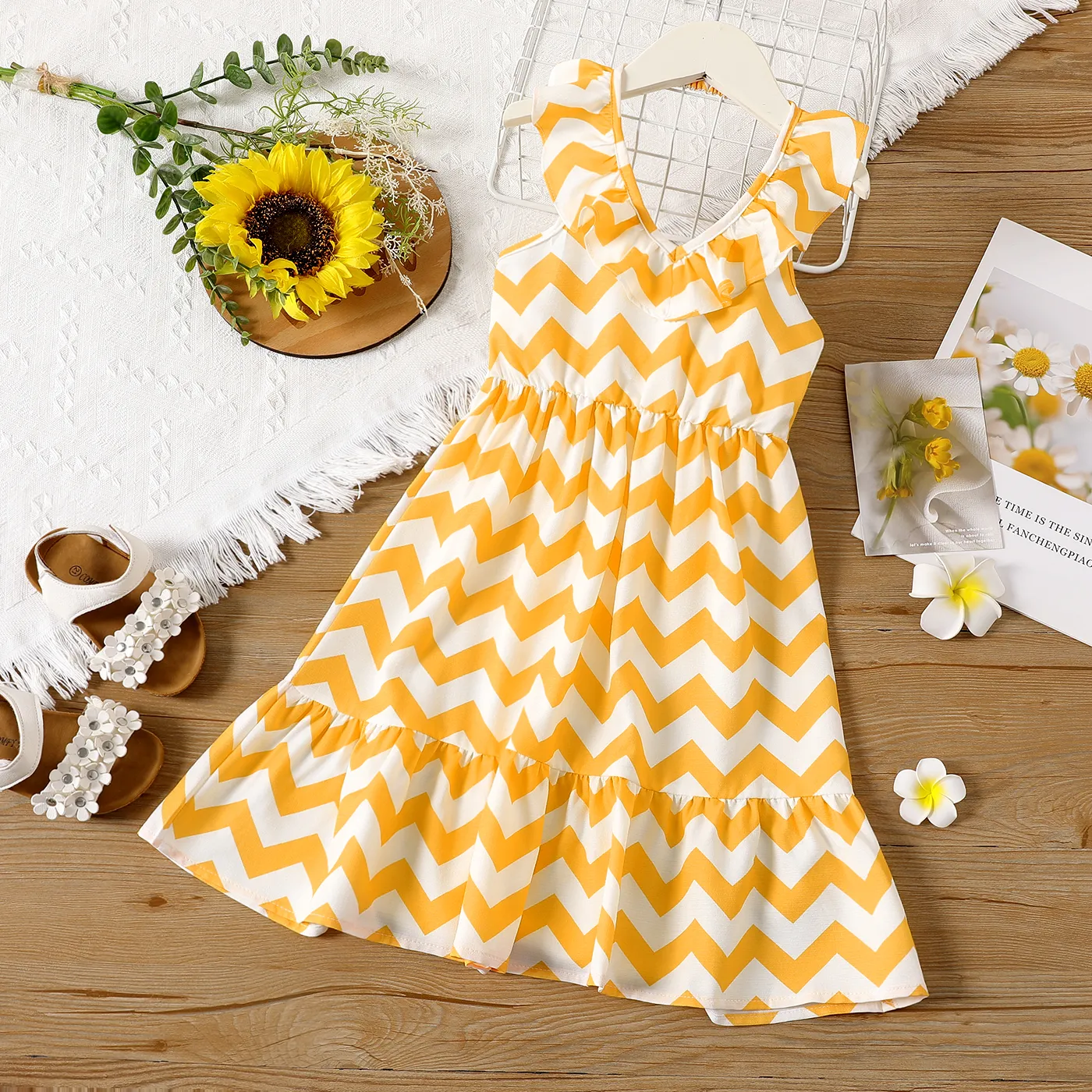 Toddler Girl Chevron Stripe Sleeveless Halter Dress Yellow big image 1