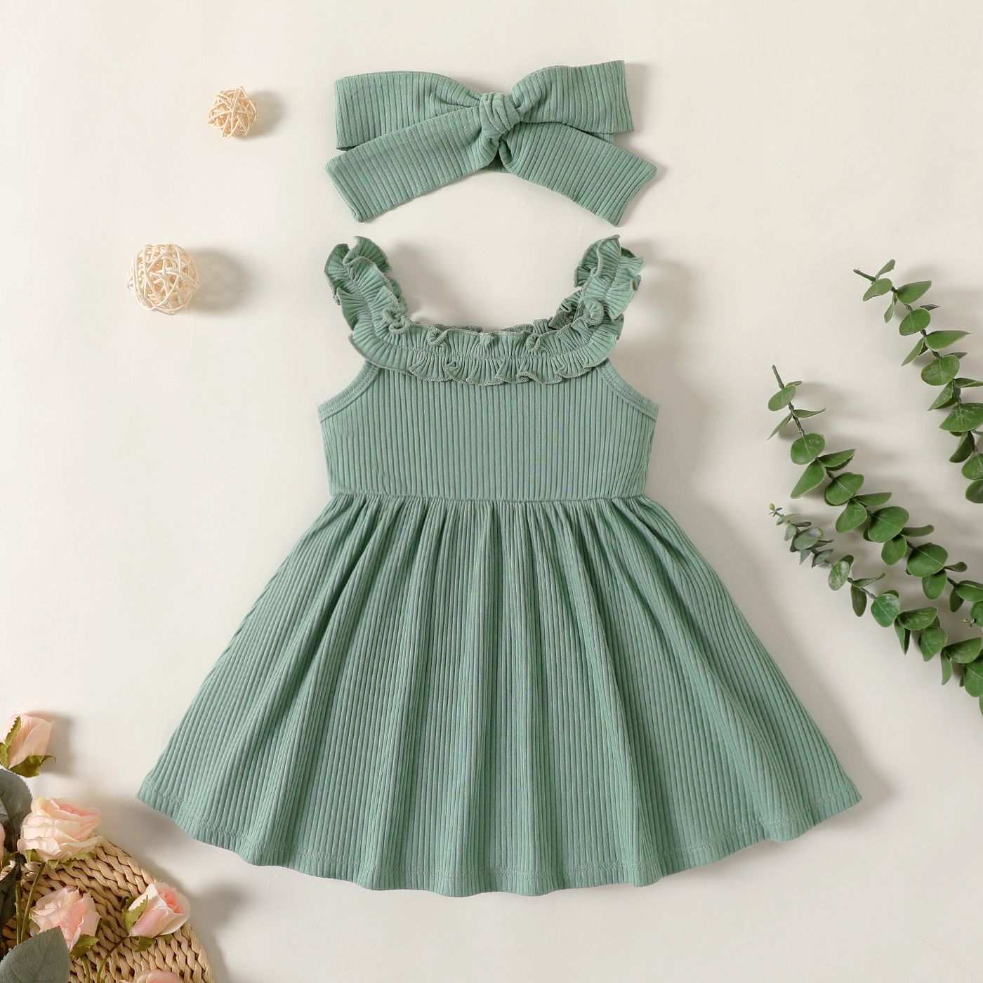 

2pcs Baby Girl Ribbed Slip Dress & Bow Headband Set