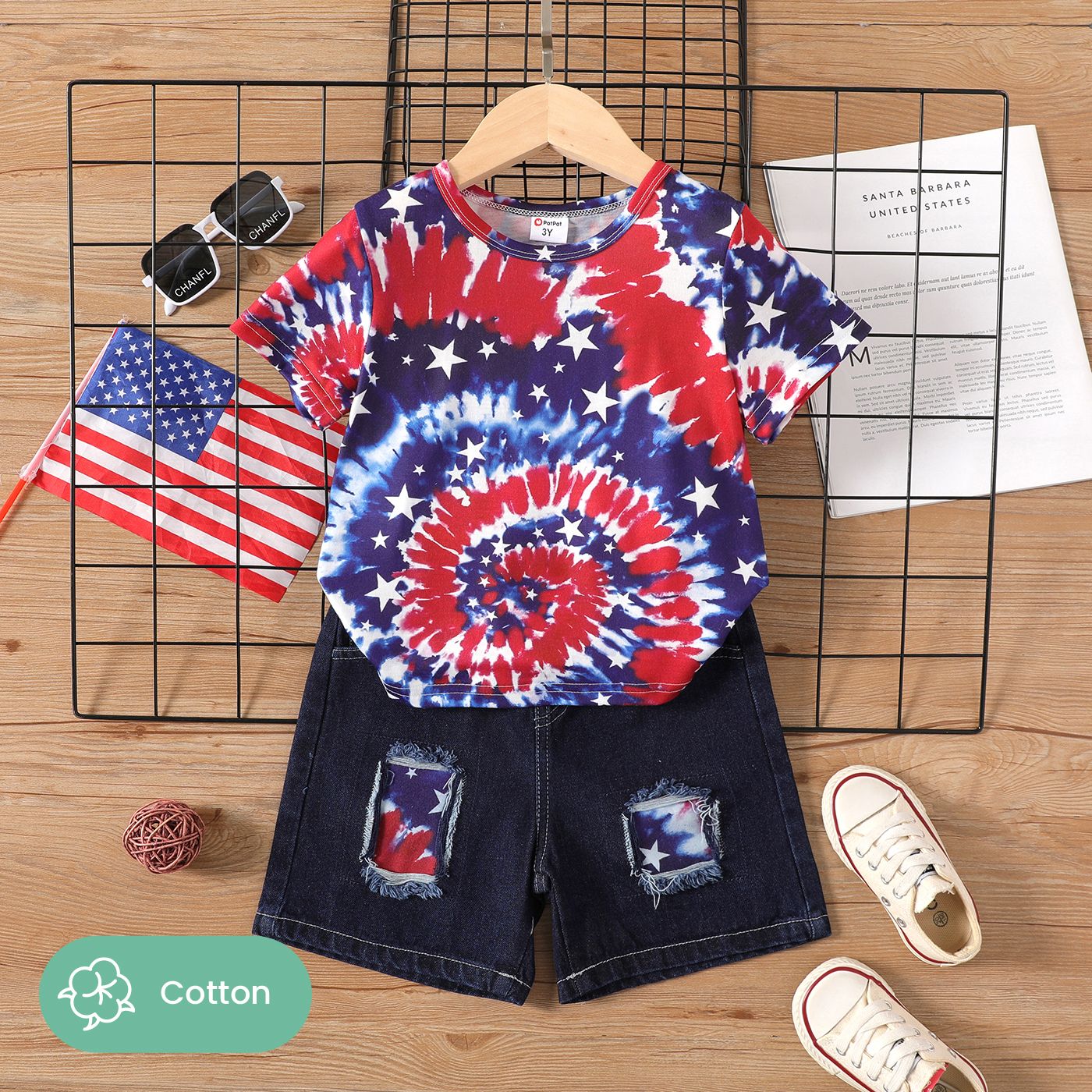 2pcs Independence Day Toddler Boy Tie Dye Short-sleeve Tee and Ripped Denim Shorts Set