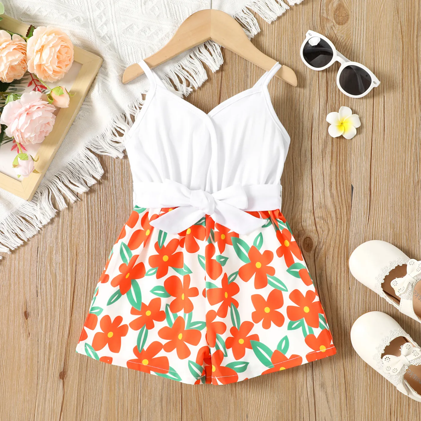 Toddler Girl Floral Print Belted Combo Cami Romper White big image 1