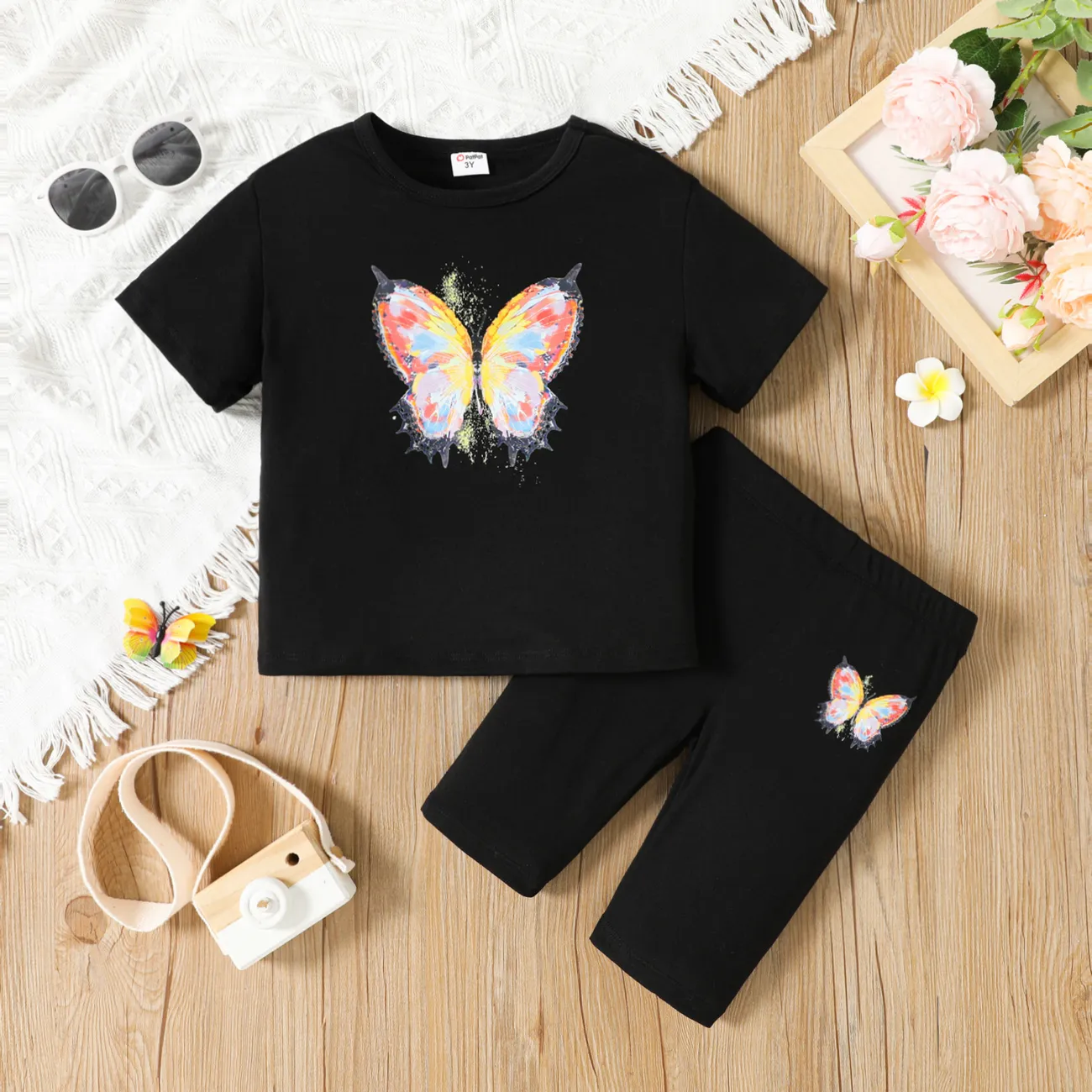 2pcs Toddler Girl Butterfly Print Short-sleeve Tee & Shorts Set Black big image 1