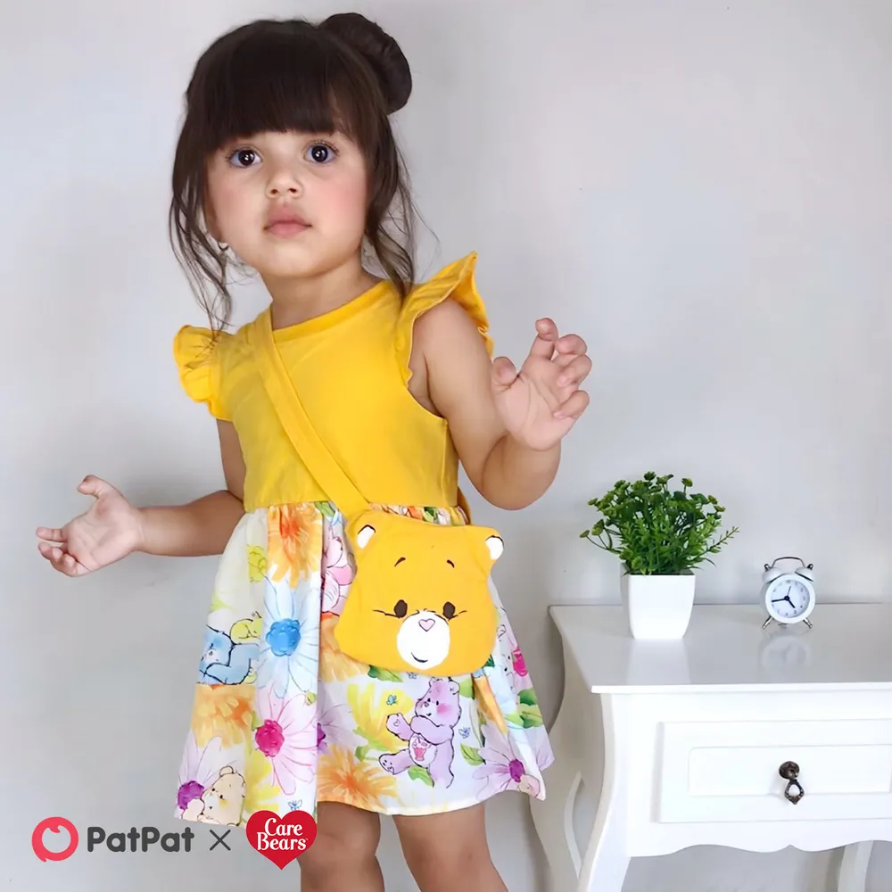 Care Bears 2pcs Baby Girl Solid & Print Spliced Flutter-sleeve Dress with Crossbody Bag Set  big image 2